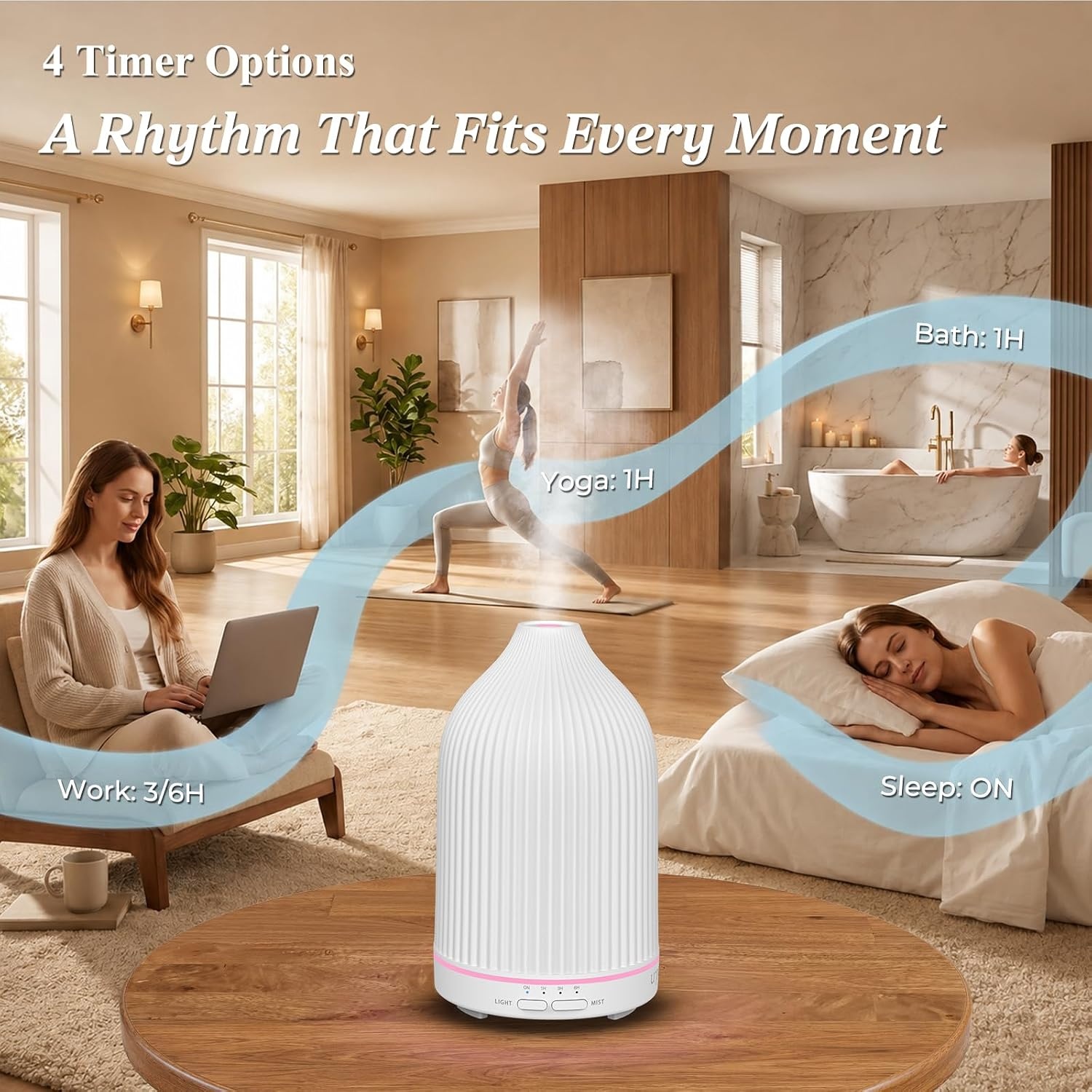 image:imageURPOWER 100ML Essential Oil Diffuser Ultrasonic Cool Mist Humidifier with 7 LED Lights Timer amp AutoOff Quiet Aromatherapy Scent Diffuser for Home Bedroom Office RelaxationStriped White