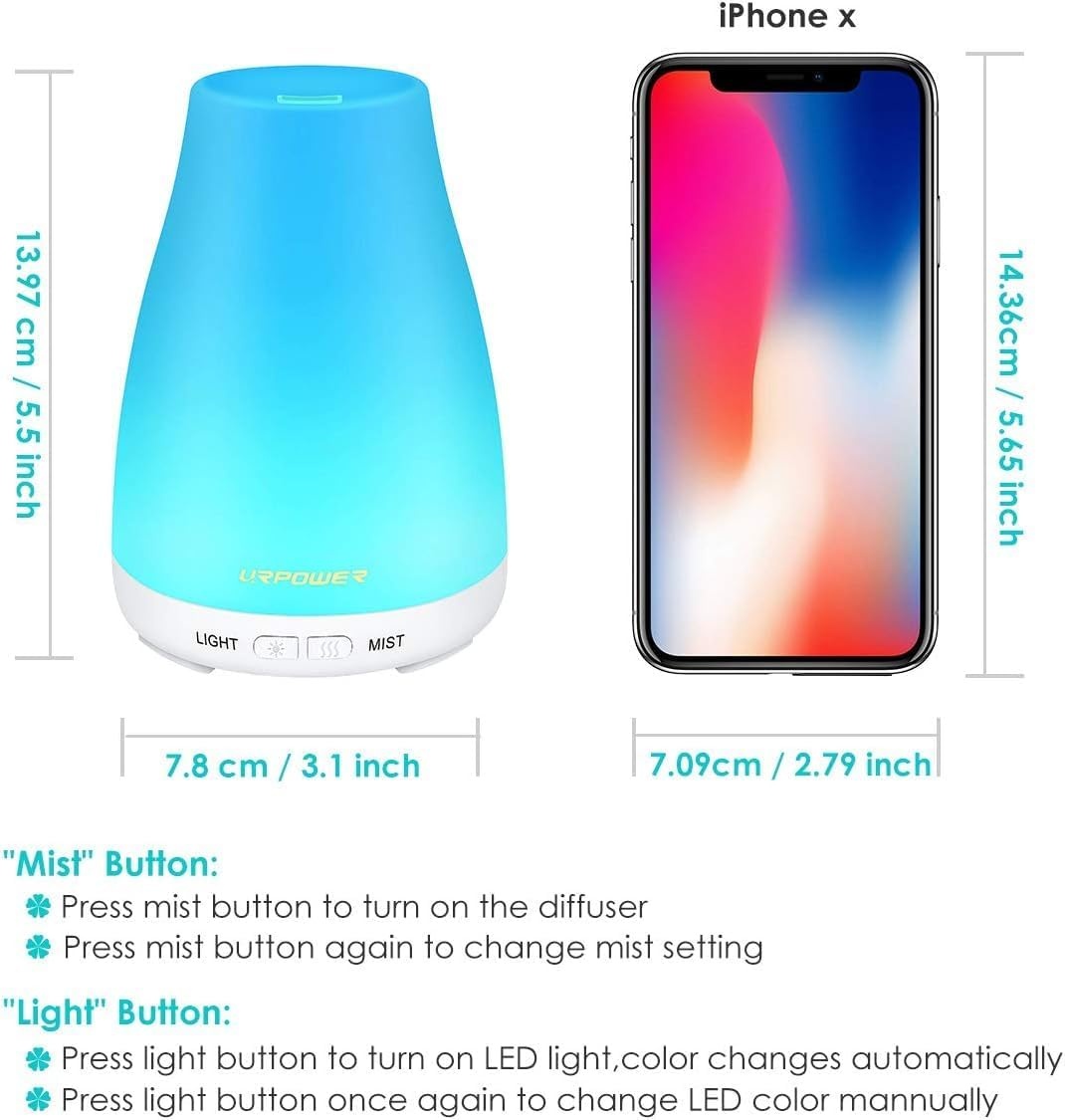 image:imageURPOWER 100ML Essential Oil Diffuser Ultrasonic Cool Mist Humidifier with 7 LED Lights Timer amp AutoOff Quiet Aromatherapy Scent Diffuser for Home Bedroom Office RelaxationWhite