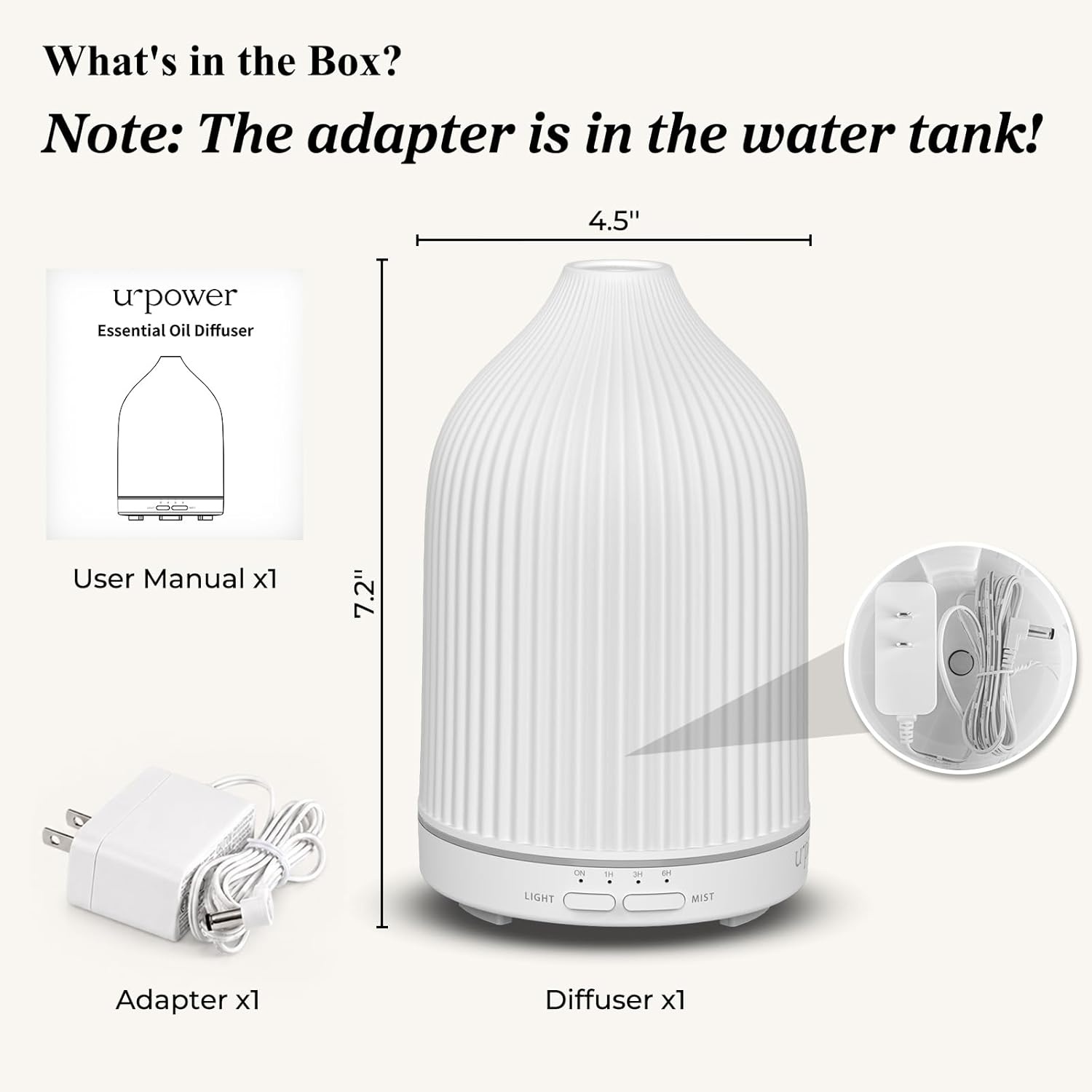 image:imageURPOWER 100ML Essential Oil Diffuser Ultrasonic Cool Mist Humidifier with 7 LED Lights Timer amp AutoOff Quiet Aromatherapy Scent Diffuser for Home Bedroom Office RelaxationStriped White