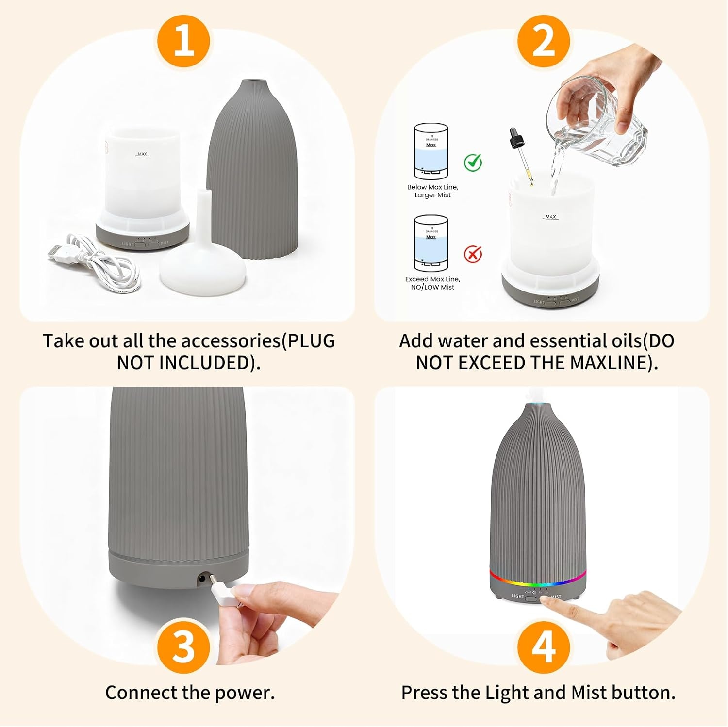 image:imageURPOWER 100ML Essential Oil Diffuser Ultrasonic Cool Mist Humidifier with 7 LED Lights Timer amp AutoOff Quiet Aromatherapy Scent Diffuser for Home Bedroom Office RelaxationStriped Gray