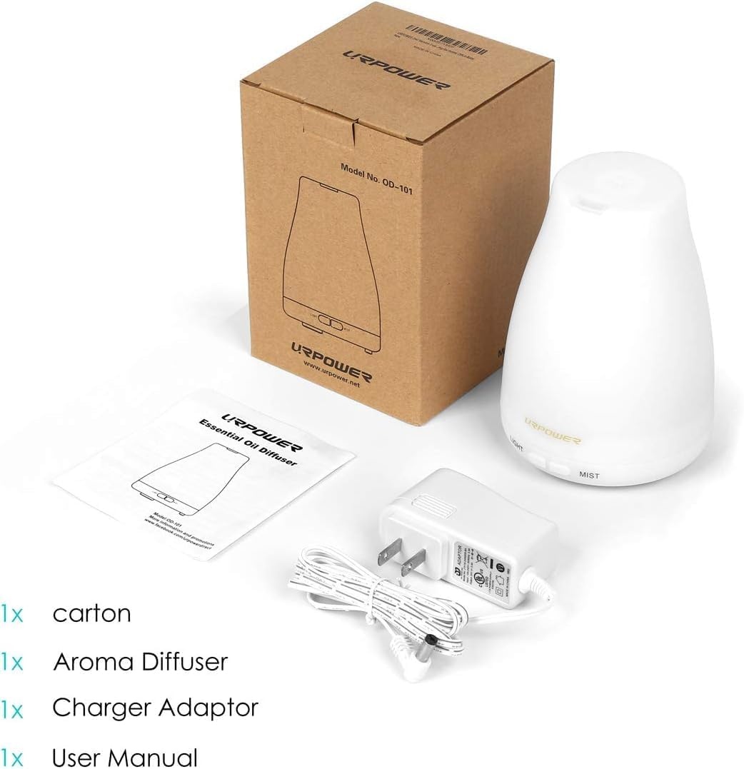 image:imageURPOWER 100ML Essential Oil Diffuser Ultrasonic Cool Mist Humidifier with 7 LED Lights Timer amp AutoOff Quiet Aromatherapy Scent Diffuser for Home Bedroom Office RelaxationWhite