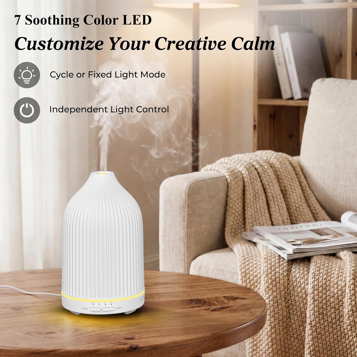 image:imageURPOWER 100ML Essential Oil Diffuser Ultrasonic Cool Mist Humidifier with 7 LED Lights Timer amp AutoOff Quiet Aromatherapy Scent Diffuser for Home Bedroom Office RelaxationStriped White