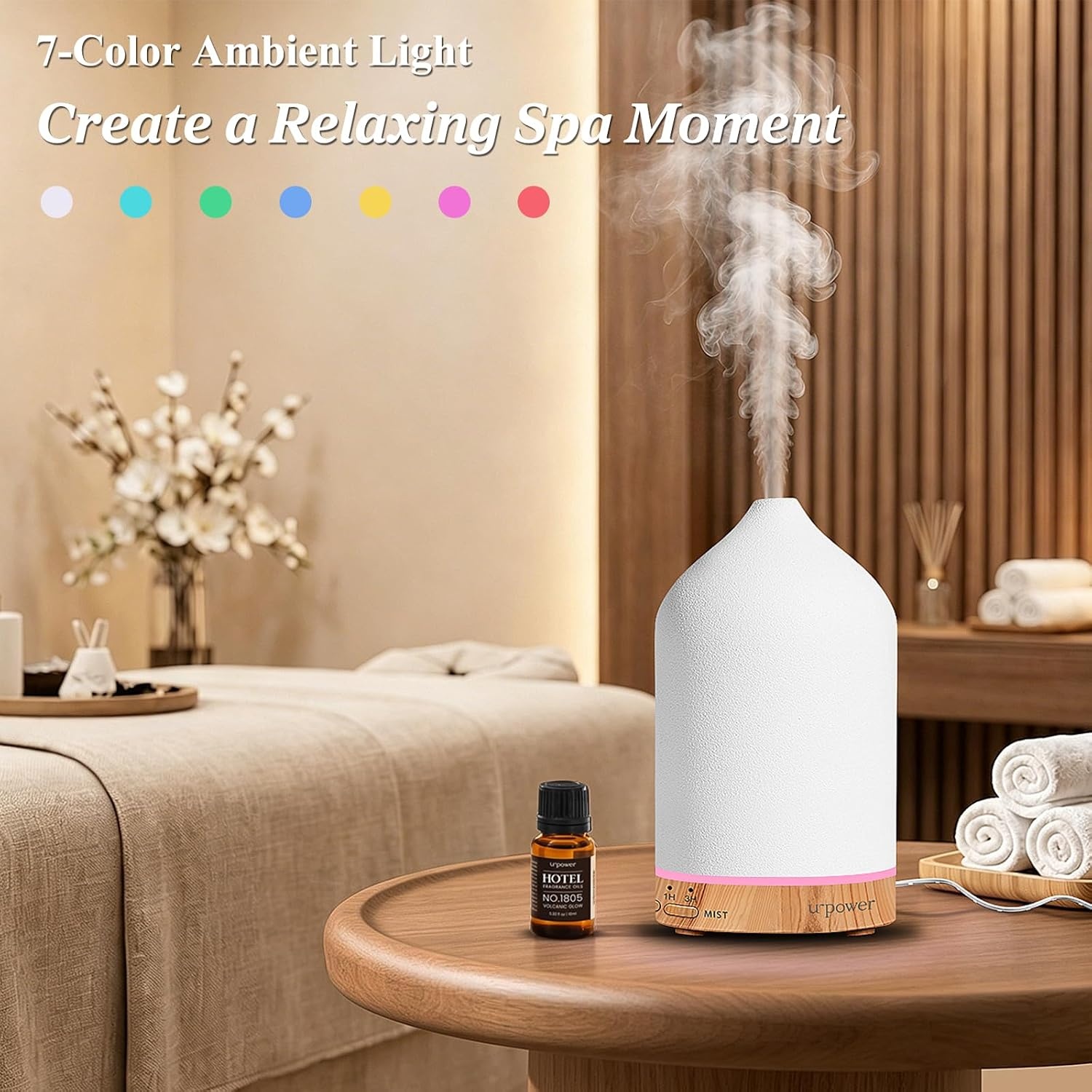 image:imageURPOWER 120ML Essential Oil Diffuser Ceramic Aromatherapy Diffuser with 7Color LED Lights Auto ShutOff 2 Mist Modes Humidifier for Home Office Decor Scent Diffuser for Yoga SpaCeramic White