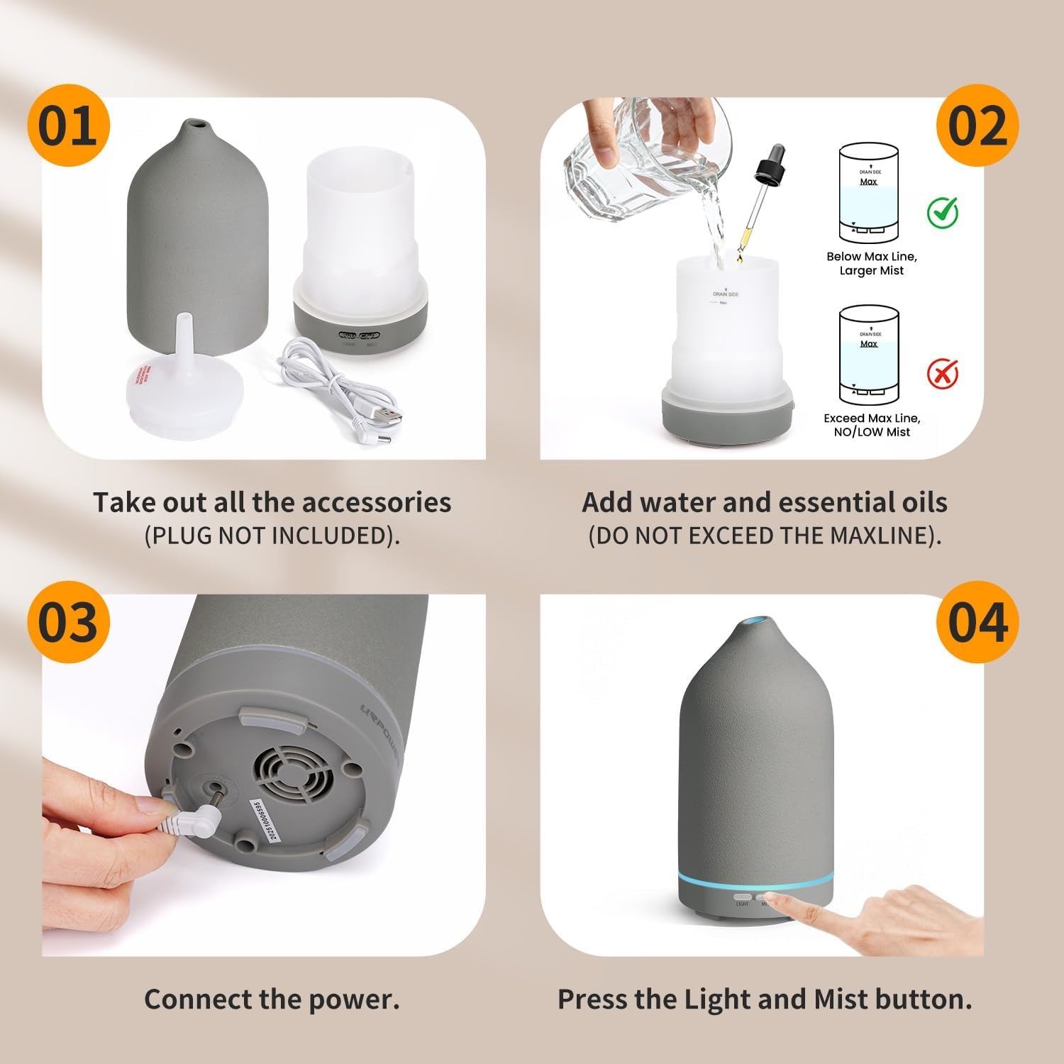 image:imageURPOWER 120ML Essential Oil Diffuser Ceramic Aromatherapy Diffuser with 7Color LED Lights Auto ShutOff 2 Mist Modes Humidifier for Home Office Decor Scent Diffuser for Yoga SpaGrey