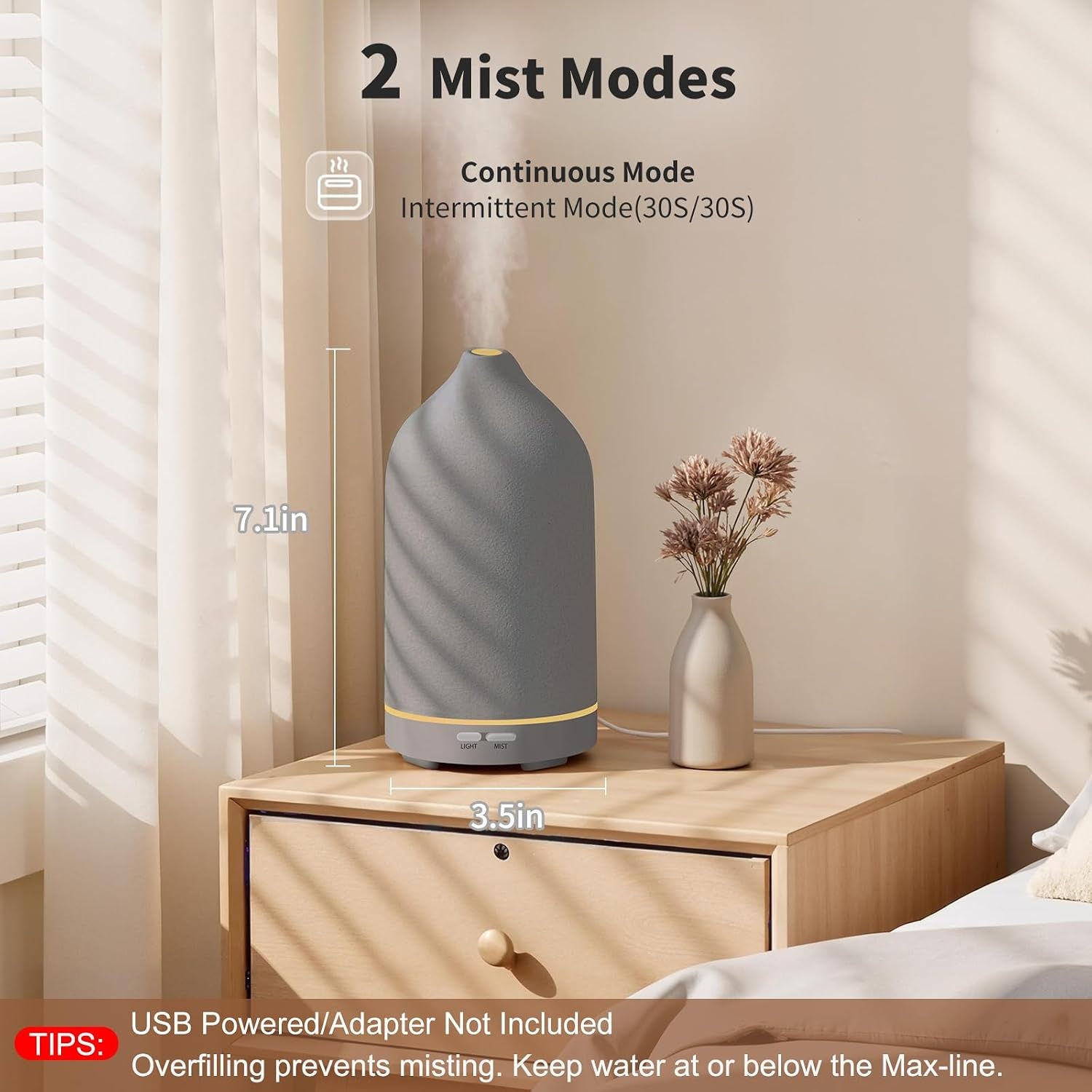 image:imageURPOWER 120ML Essential Oil Diffuser Ceramic Aromatherapy Diffuser with 7Color LED Lights Auto ShutOff 2 Mist Modes Humidifier for Home Office Decor Scent Diffuser for Yoga SpaGrey