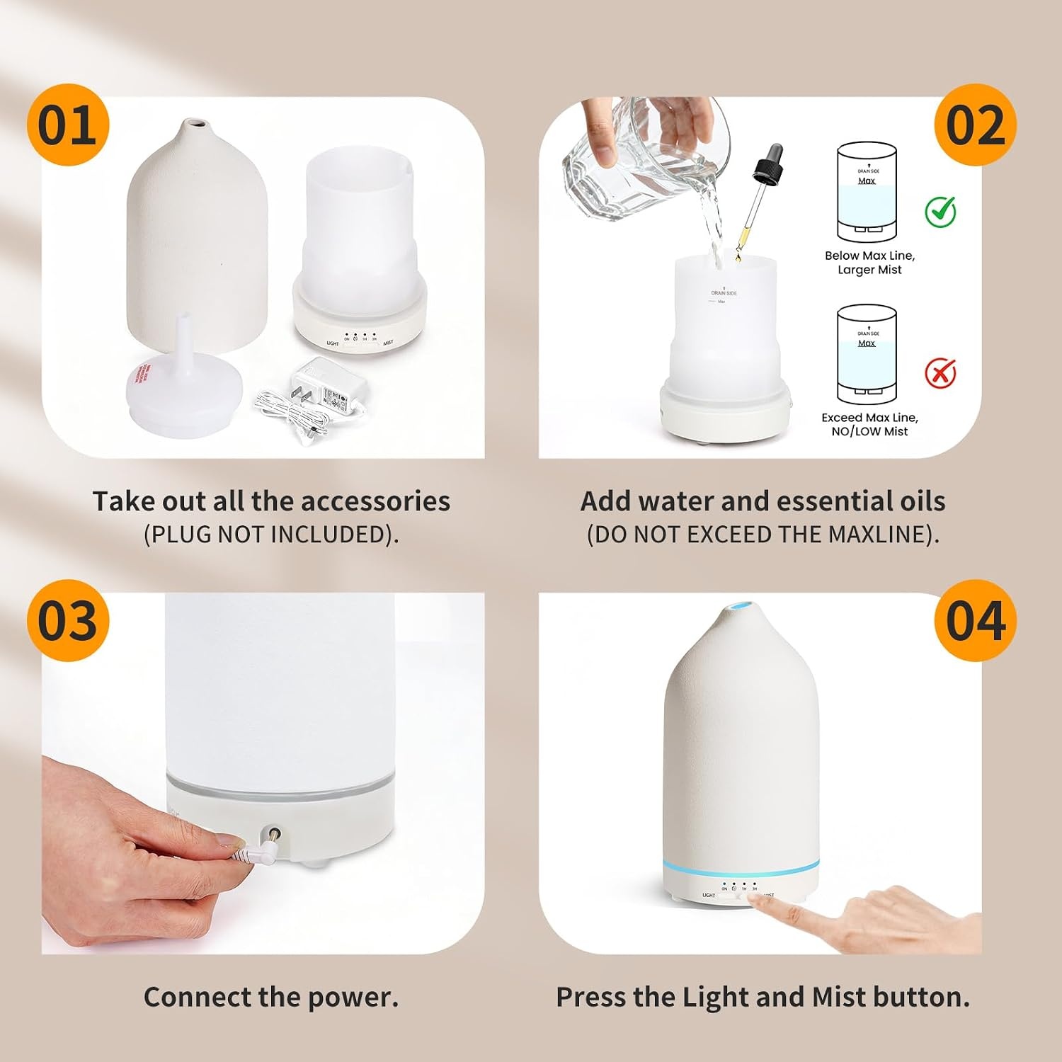 image:imageURPOWER 120ML Essential Oil Diffuser Ceramic Aromatherapy Diffuser with 7Color LED Lights Auto ShutOff 2 Mist Modes Humidifier for Home Office Decor Scent Diffuser for Yoga SpaAll White