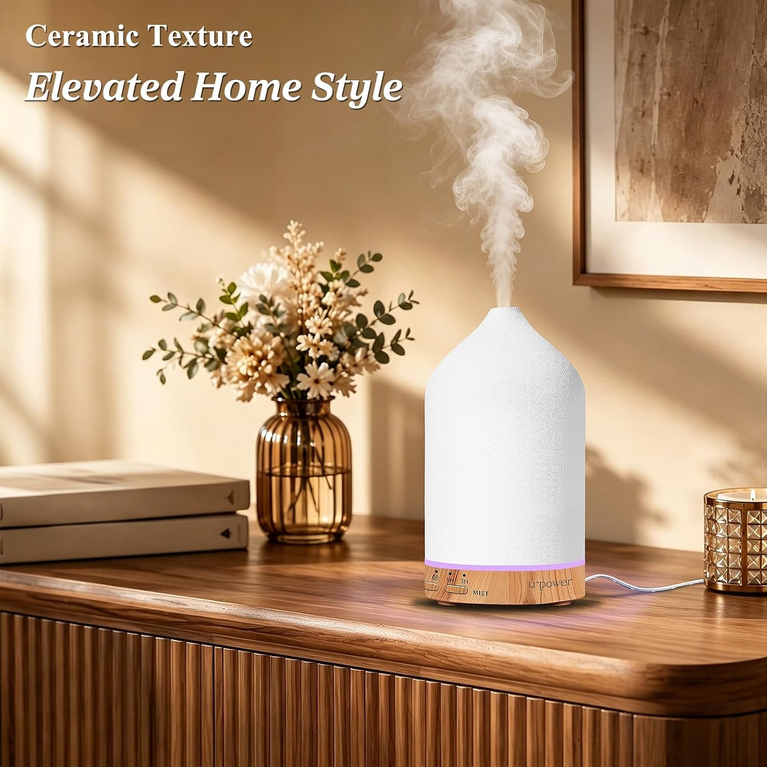 image:imageURPOWER 120ML Essential Oil Diffuser Ceramic Aromatherapy Diffuser with 7Color LED Lights Auto ShutOff 2 Mist Modes Humidifier for Home Office Decor Scent Diffuser for Yoga SpaCeramic White