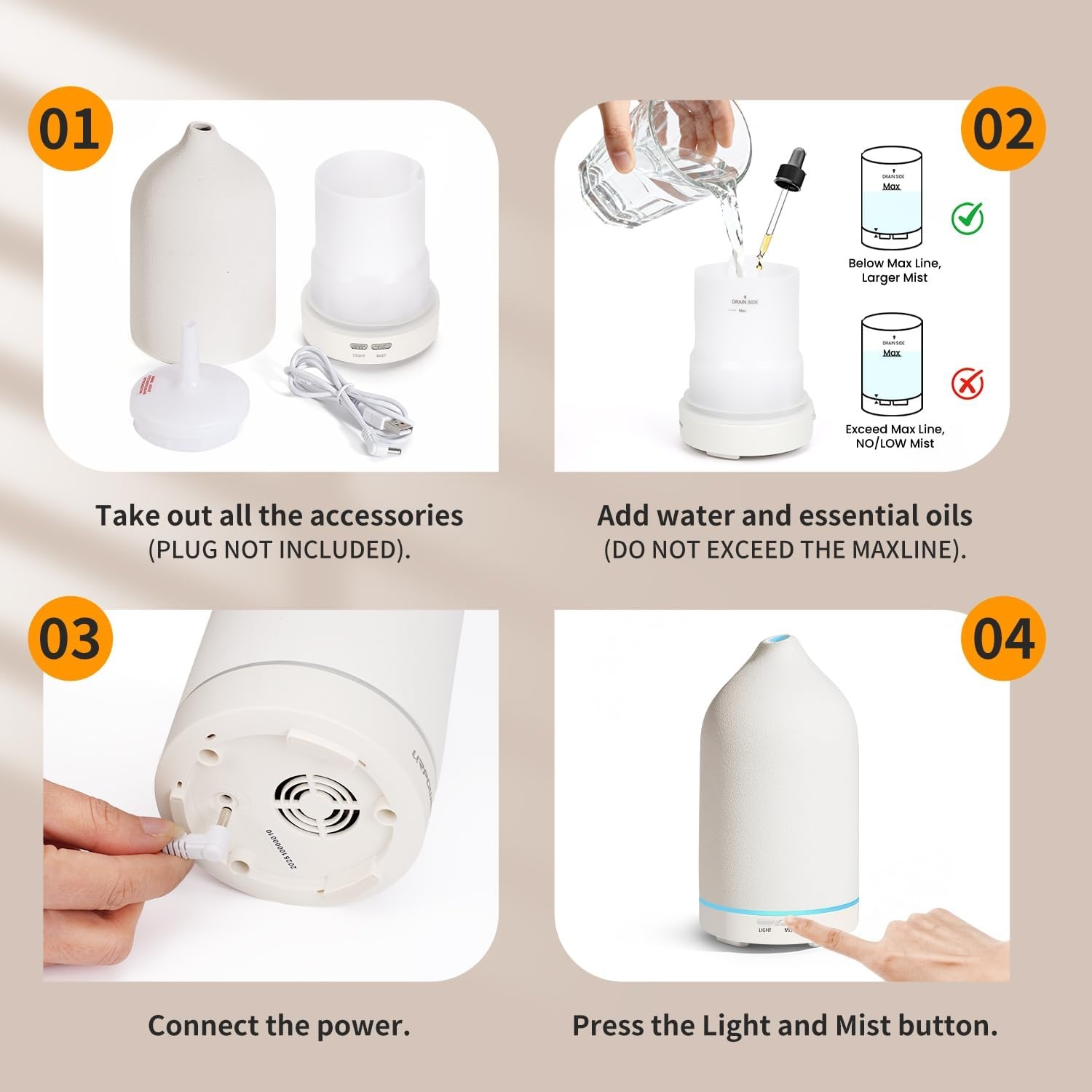 image:imageURPOWER 120ML Essential Oil Diffuser Ceramic Aromatherapy Diffuser with 7Color LED Lights Auto ShutOff 2 Mist Modes Humidifier for Home Office Decor Scent Diffuser for Yoga SpaAll White