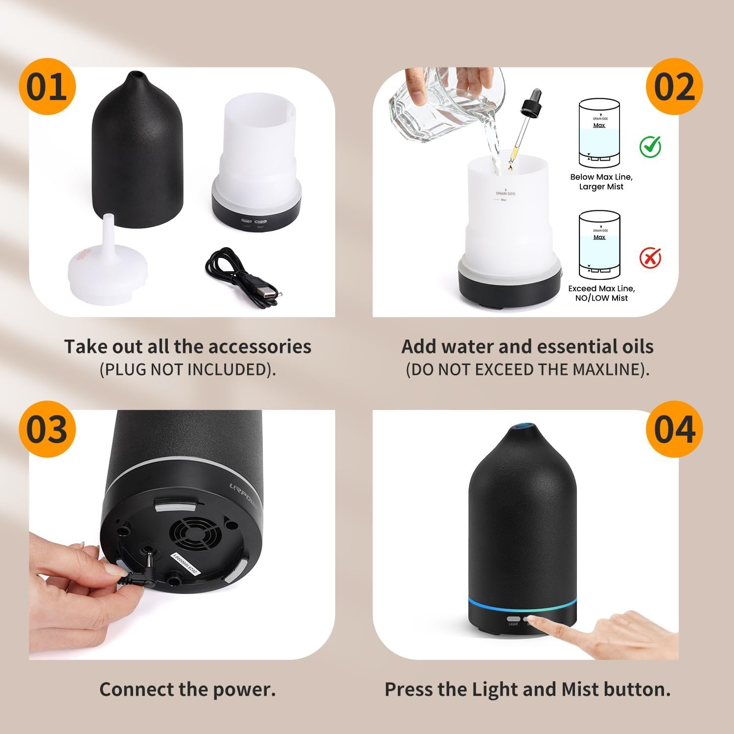 image:imageURPOWER 120ML Essential Oil Diffuser Ceramic Aromatherapy Diffuser with 7Color LED Lights Auto ShutOff 2 Mist Modes Humidifier for Home Office Decor Scent Diffuser for Yoga SpaBlack