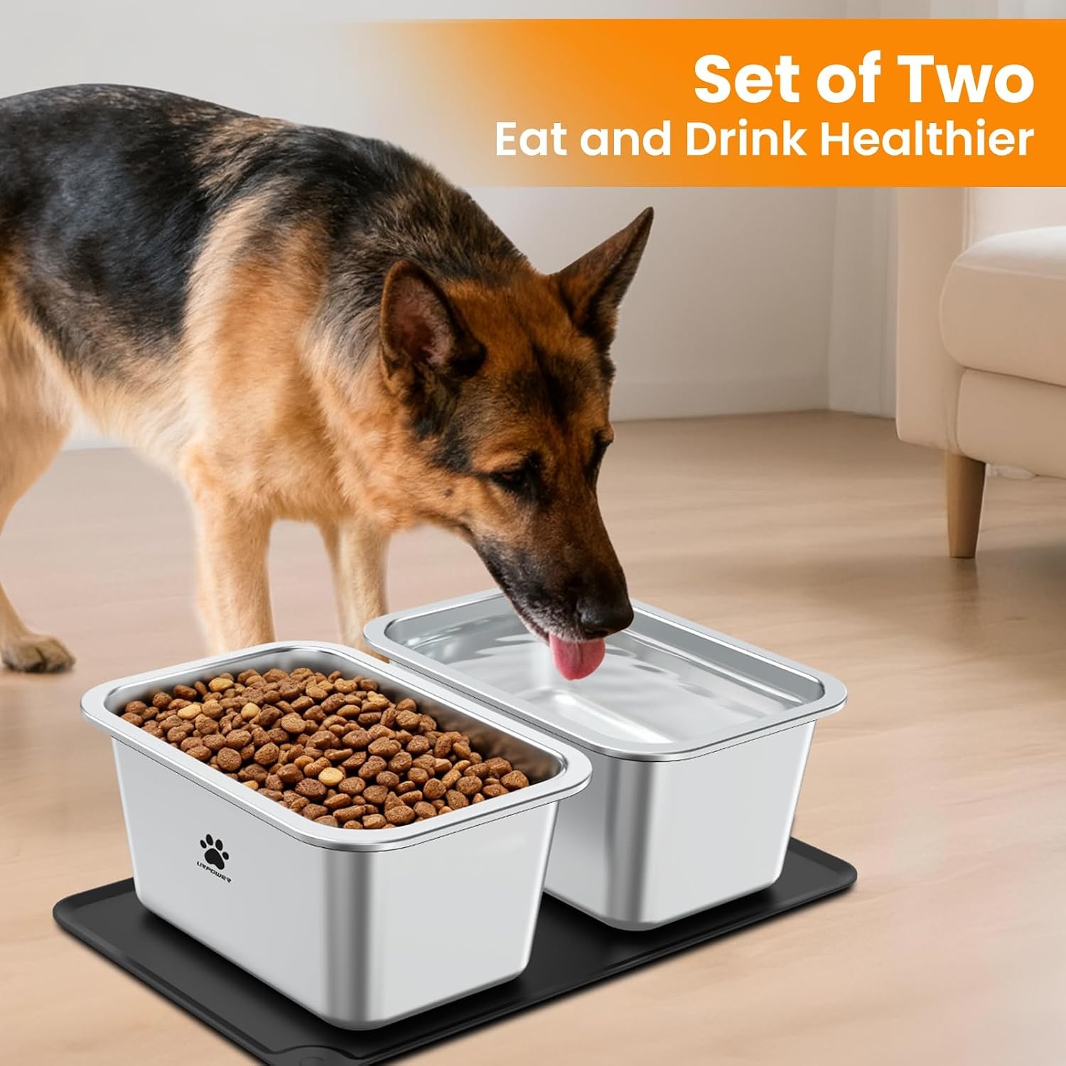 image:imageURPOWER 2 Pack 125 Gallon Large Dog Water Bowl Thickened Stainless Steel Dog Water amp Food Bowls with NonSlip Mat SpillProof Metal Pet Bowl Set for Medium Large XLarge Dogs IndoorOutdoor Use165 Gallon