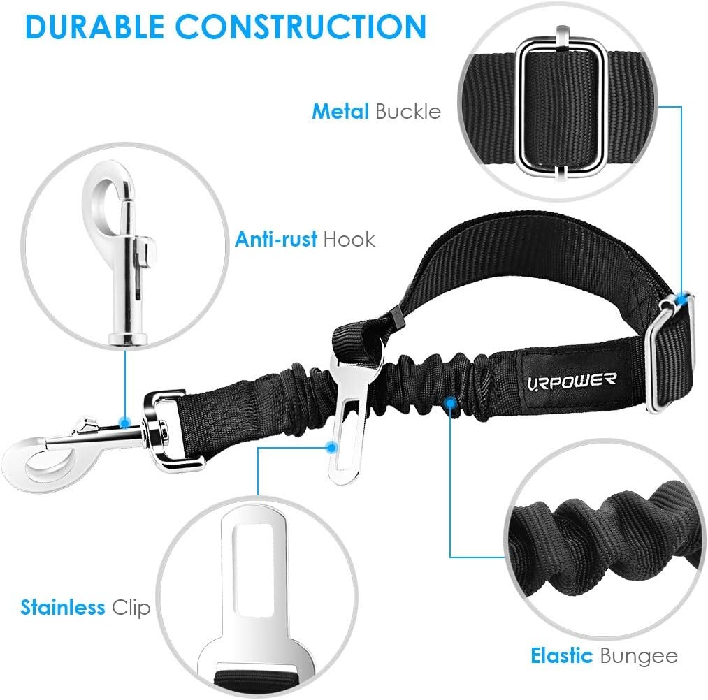 image:imageURPOWER 2 Pack Dog Seat Belt Retractable Dog Car Harness Adjustable Pet Safety Belt with Elastic Bungee Buffer Heavy Duty amp Durable amp 360 Degree Swivel Dog SeatbeltsBlack