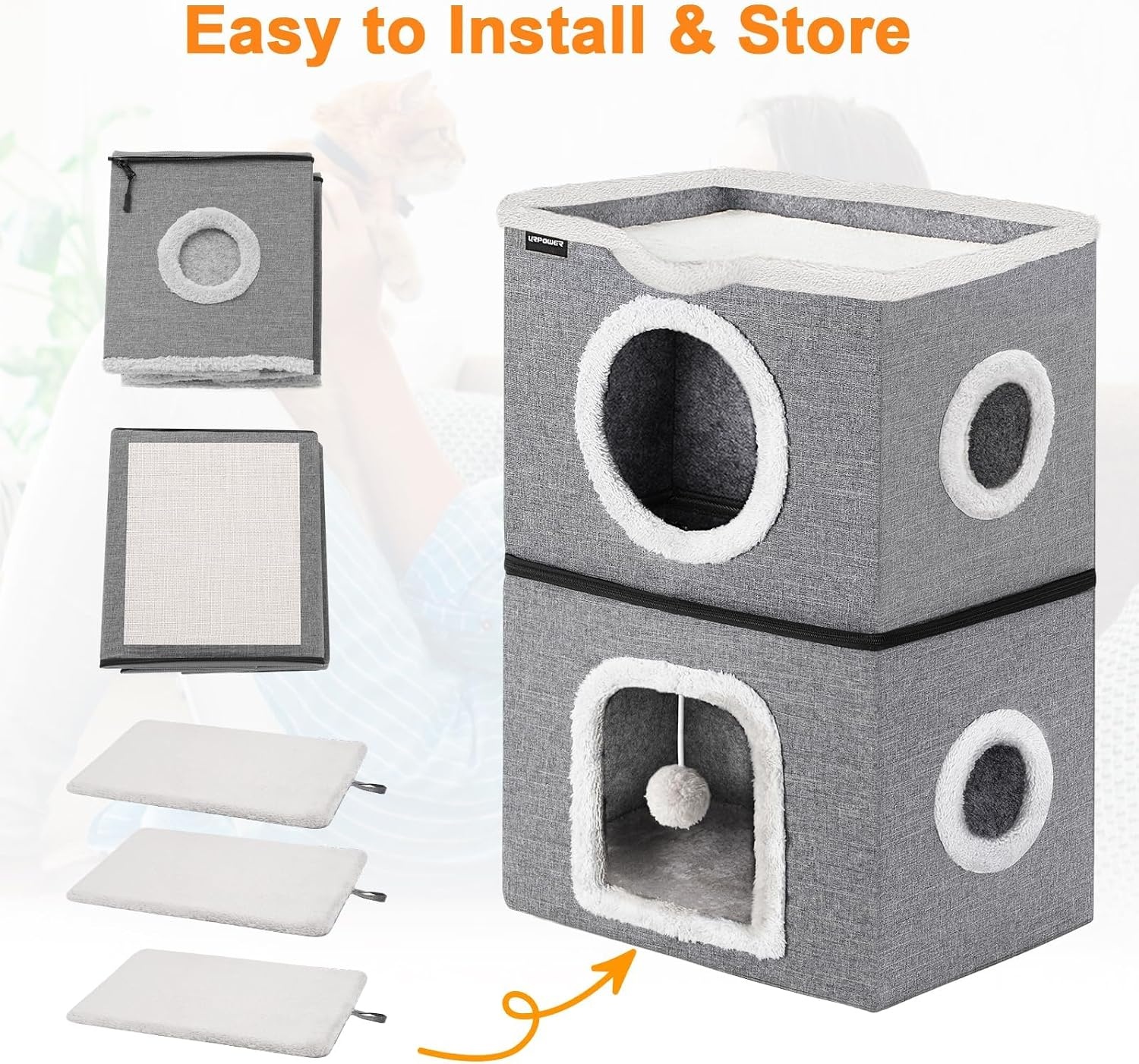 image:imageURPOWER 2 Story Cat Bed Large Cat House for Indoor Cats Covered Cat Cave with Hideaway Scratch Pad and Fluffy Ball Foldable Cat Cube Condos Kitten Beds amp Furniture for Multiple Small Pets