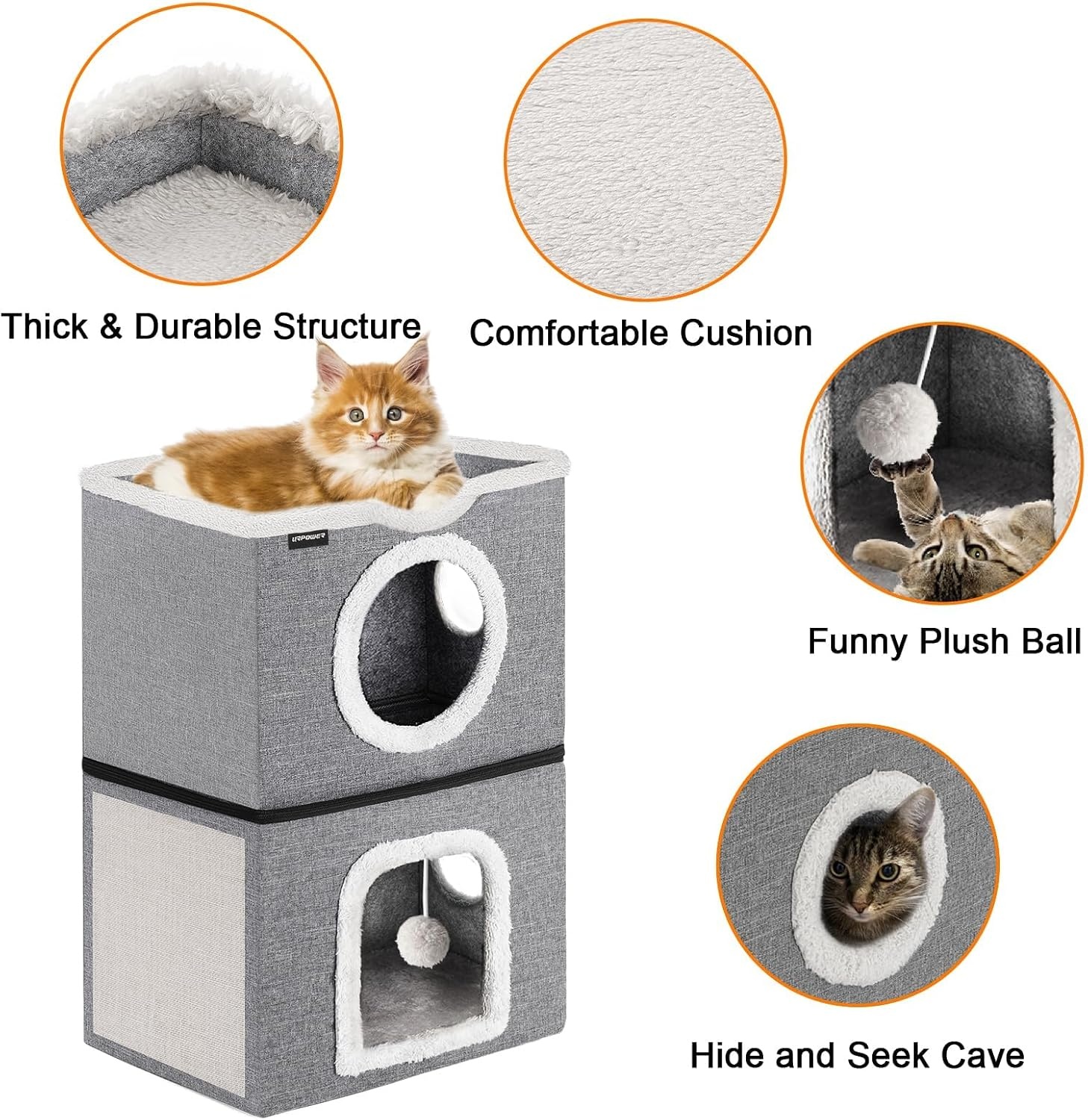 image:imageURPOWER 2 Story Cat Bed Large Cat House for Indoor Cats Covered Cat Cave with Hideaway Scratch Pad and Fluffy Ball Foldable Cat Cube Condos Kitten Beds amp Furniture for Multiple Small Pets