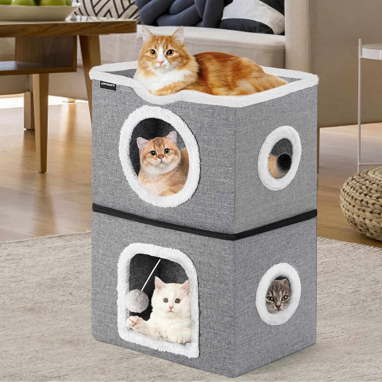 image:imageURPOWER 2 Story Cat Bed Large Cat House for Indoor Cats Covered Cat Cave with Hideaway Scratch Pad and Fluffy Ball Foldable Cat Cube Condos Kitten Beds amp Furniture for Multiple Small Pets