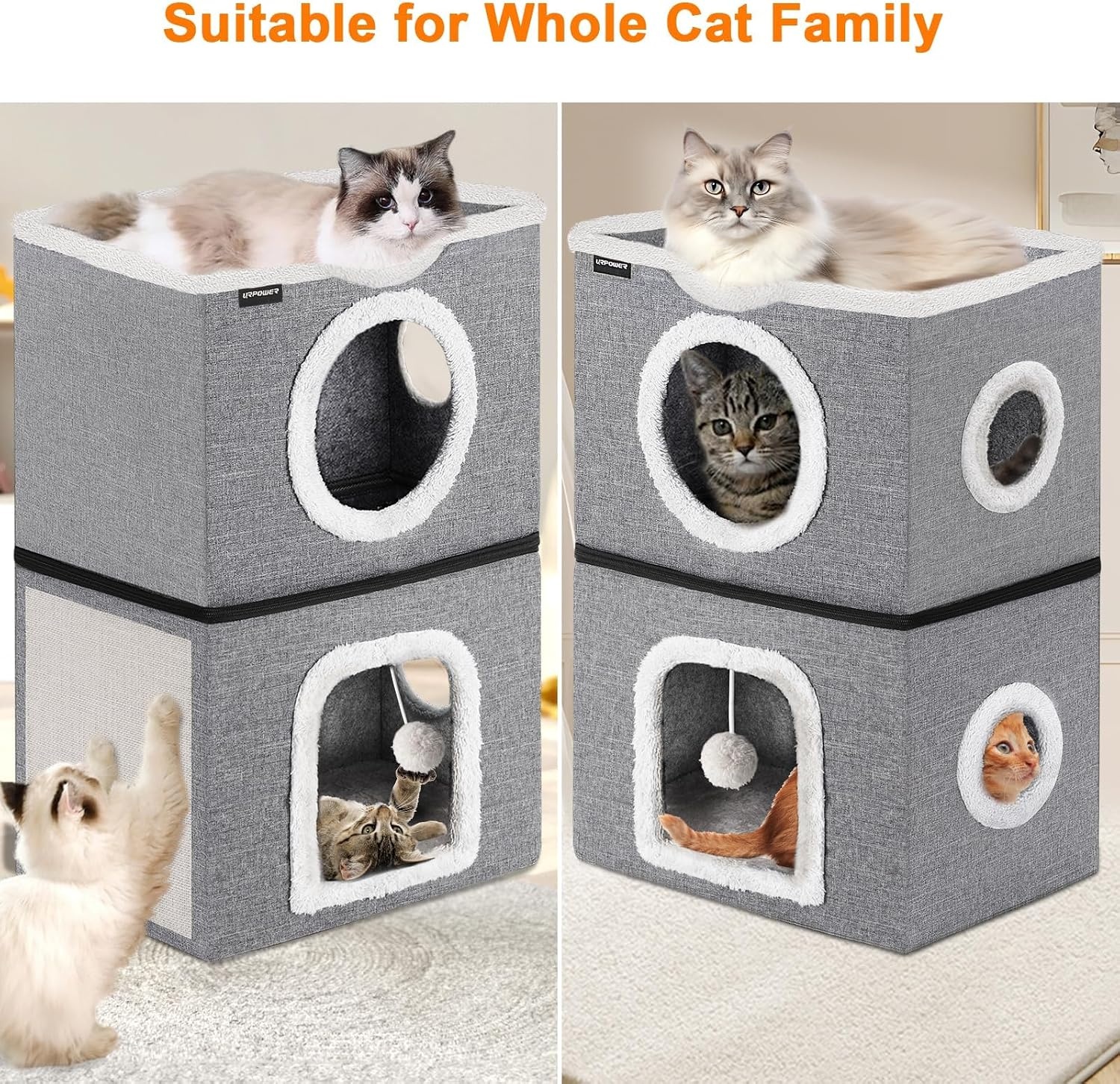 image:imageURPOWER 2 Story Cat Bed Large Cat House for Indoor Cats Covered Cat Cave with Hideaway Scratch Pad and Fluffy Ball Foldable Cat Cube Condos Kitten Beds amp Furniture for Multiple Small Pets