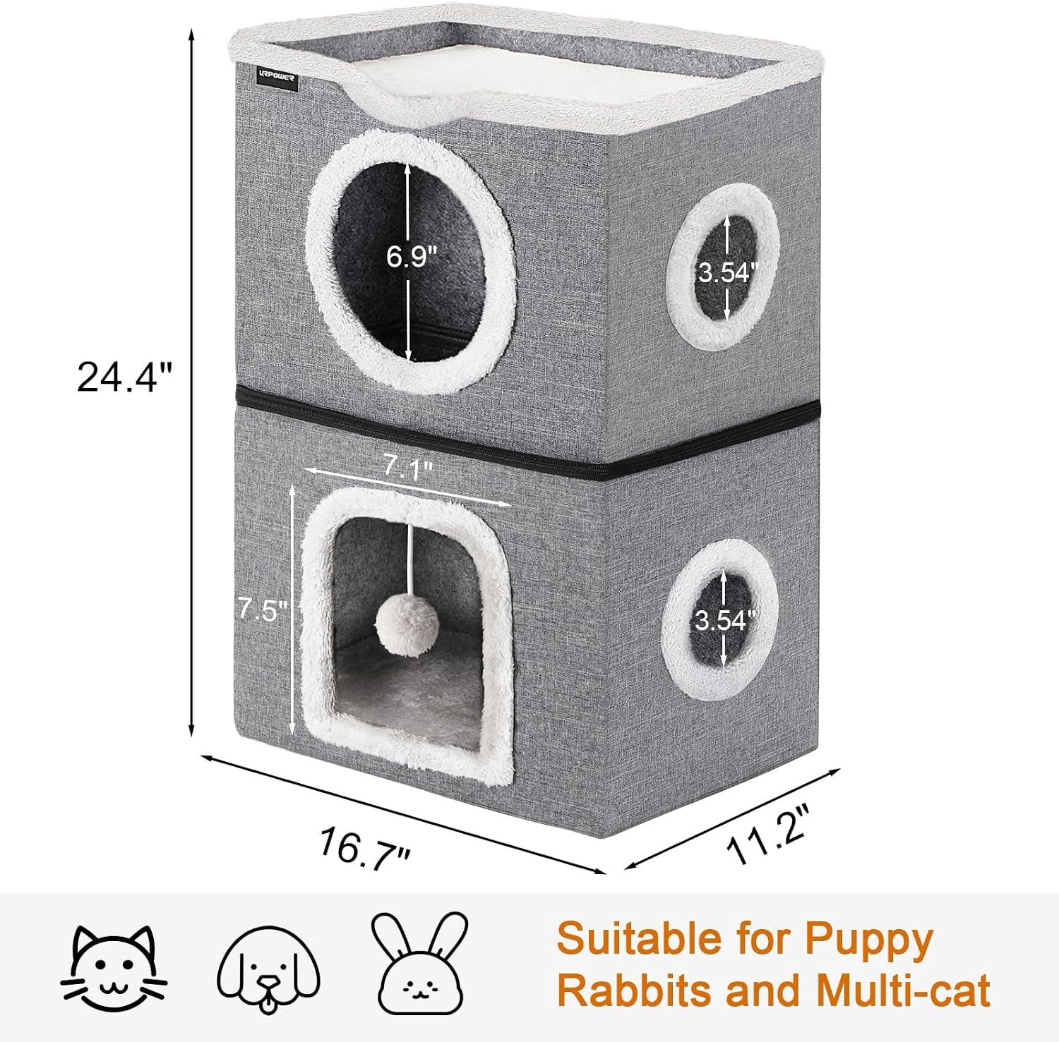 image:imageURPOWER 2 Story Cat Bed Large Cat House for Indoor Cats Covered Cat Cave with Hideaway Scratch Pad and Fluffy Ball Foldable Cat Cube Condos Kitten Beds amp Furniture for Multiple Small Pets