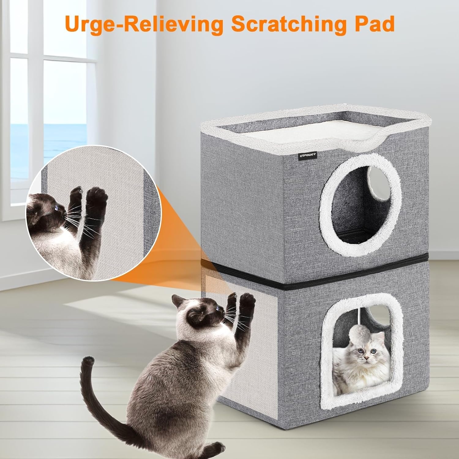 image:imageURPOWER 2 Story Cat Bed Large Cat House for Indoor Cats Covered Cat Cave with Hideaway Scratch Pad and Fluffy Ball Foldable Cat Cube Condos Kitten Beds amp Furniture for Multiple Small Pets