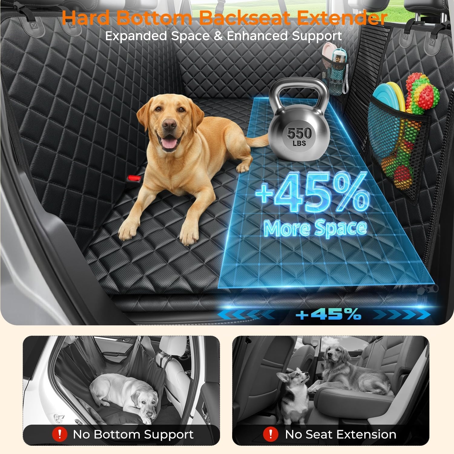 image:imageURPOWER 2026 Upgraded Back Seat Extender for Dogs Large Hard Bottom Dog Car Seat Cover Holds 550lbs Waterproof Dog Hammock Pet Bed with HighDensity Foam NonSlip Backseat ProtectorBlack
