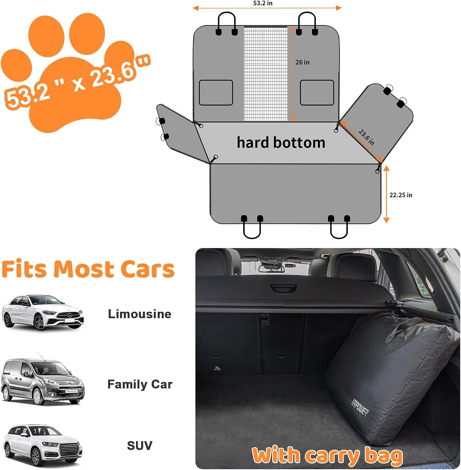 image:imageURPOWER 2026 Upgraded Back Seat Extender for Dogs Large Hard Bottom Dog Car Seat Cover Holds 550lbs Waterproof Dog Hammock Pet Bed with HighDensity Foam NonSlip Backseat ProtectorDark Black