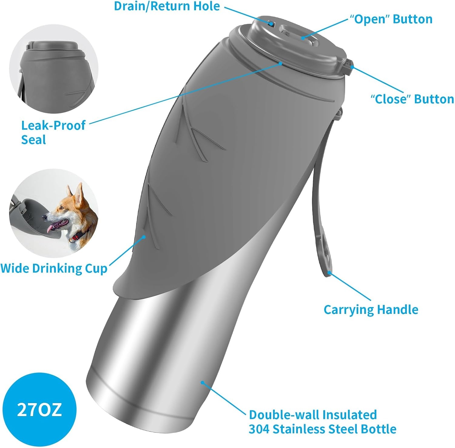 image:imageURPOWER 27 Oz Large Dog Water Bottle Double Wall Insulated Stainless Steel Dog Travel Water Bottle Leak Proof Portable Pet Water Dispenser BPAFree Drinking Bowl for Dog Outdoor Walking Hiking