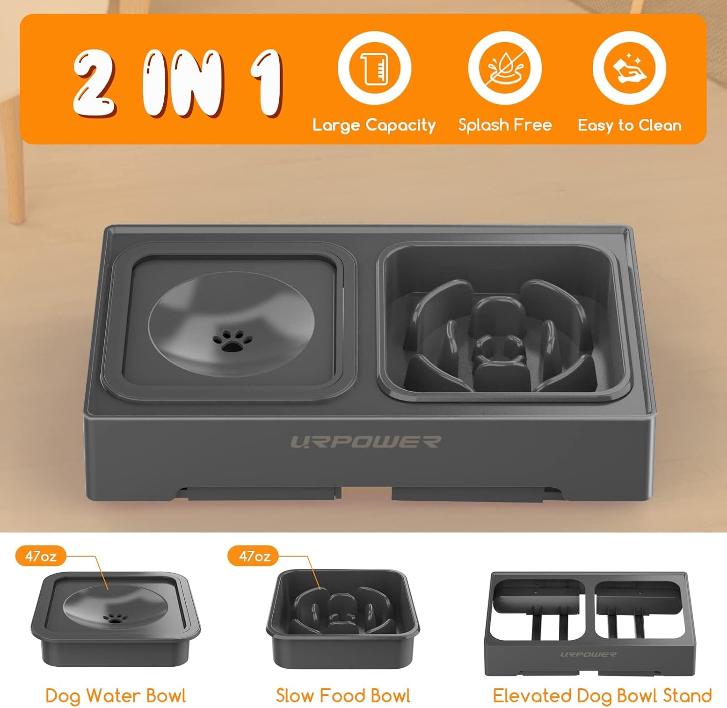 image:imageURPOWER 2in1 Elevated Slow Feeder Dog Bowls with NoSpill Water Bowl 4 HeightAdjustable Raised Dog Bowls NonSlip Food and Water Bowls with Stand for Small Medium Large Dogs Cats and PetsGrey