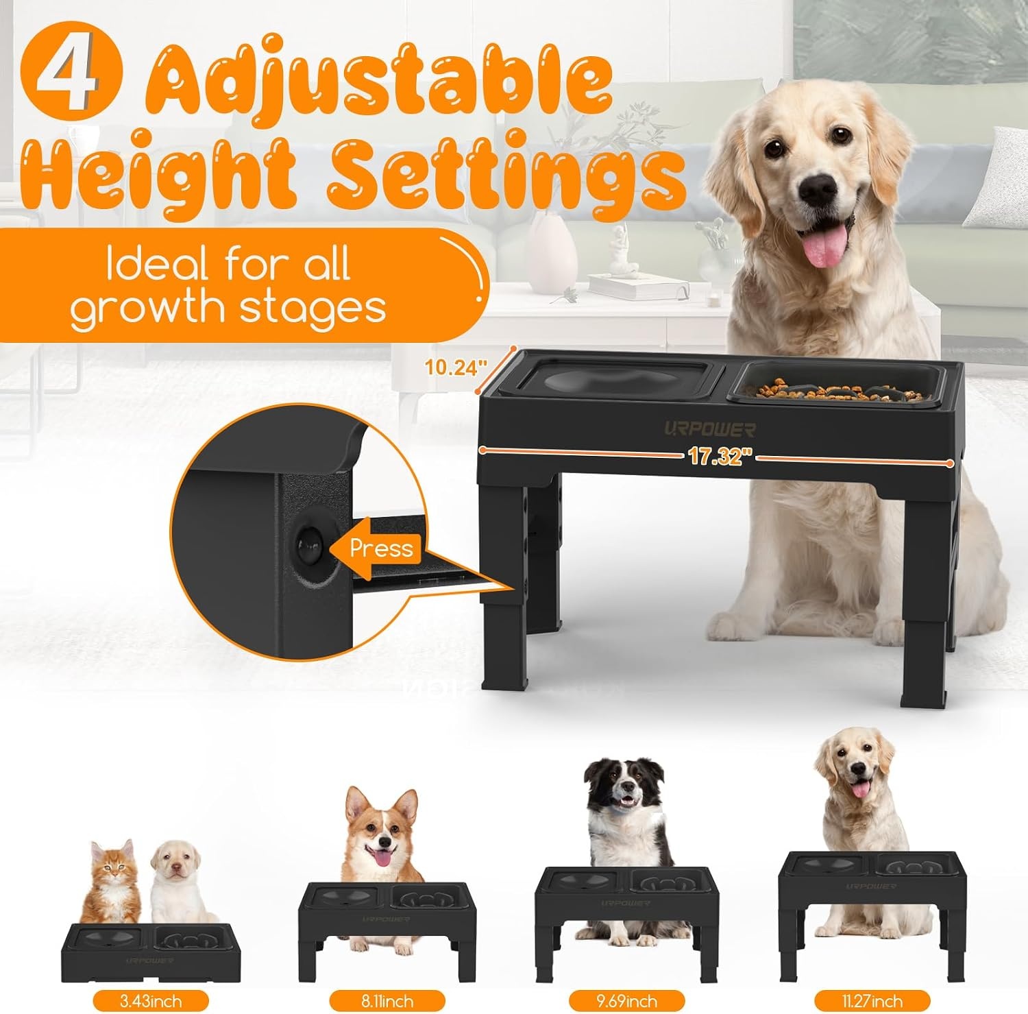 image:imageURPOWER 2in1 Elevated Slow Feeder Dog Bowls with NoSpill Water Bowl 4 HeightAdjustable Raised Dog Bowls NonSlip Food and Water Bowls with Stand for Small Medium Large Dogs Cats and PetsBlack