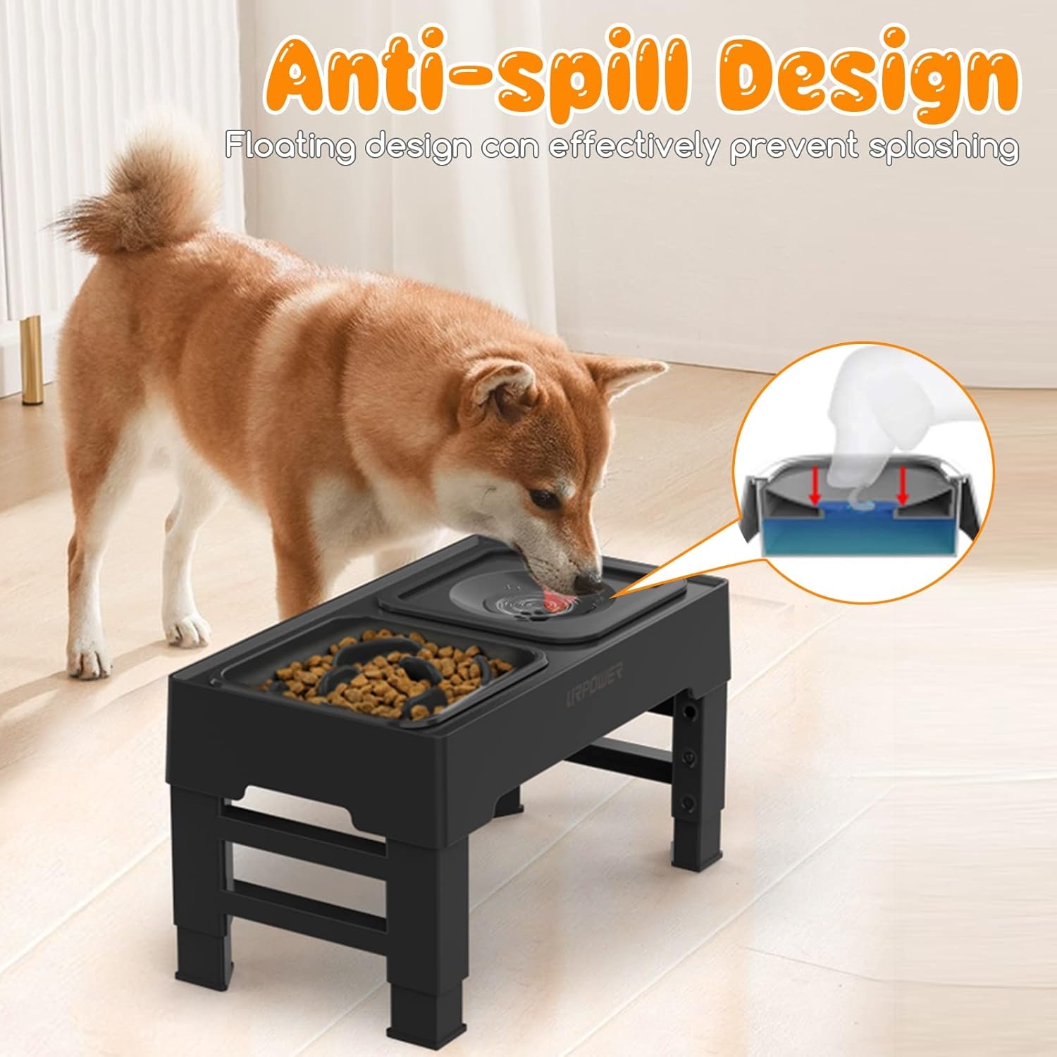 image:imageURPOWER 2in1 Elevated Slow Feeder Dog Bowls with NoSpill Water Bowl 4 HeightAdjustable Raised Dog Bowls NonSlip Food and Water Bowls with Stand for Small Medium Large Dogs Cats and PetsBlack