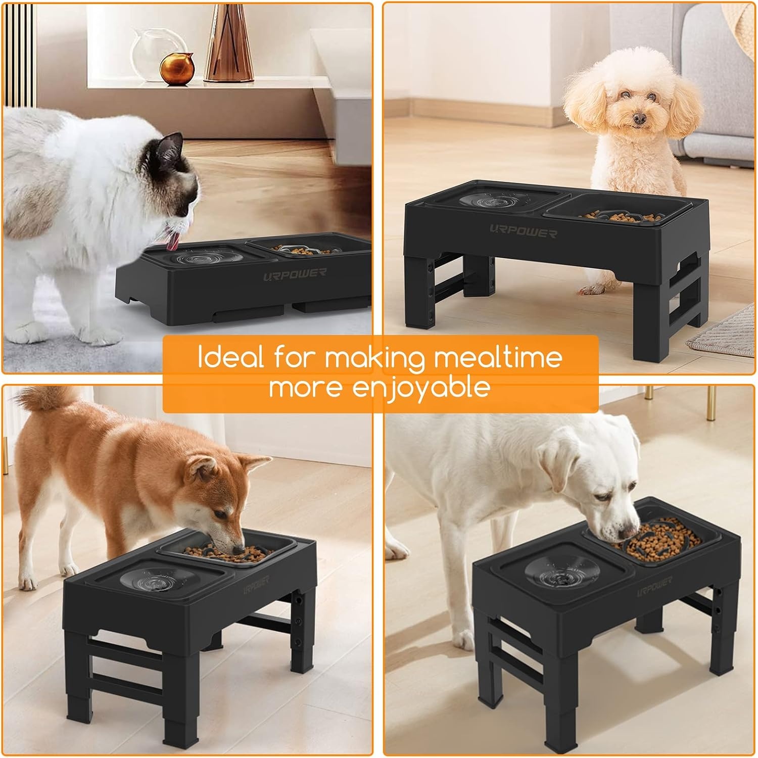 image:imageURPOWER 2in1 Elevated Slow Feeder Dog Bowls with NoSpill Water Bowl 4 HeightAdjustable Raised Dog Bowls NonSlip Food and Water Bowls with Stand for Small Medium Large Dogs Cats and PetsBlack