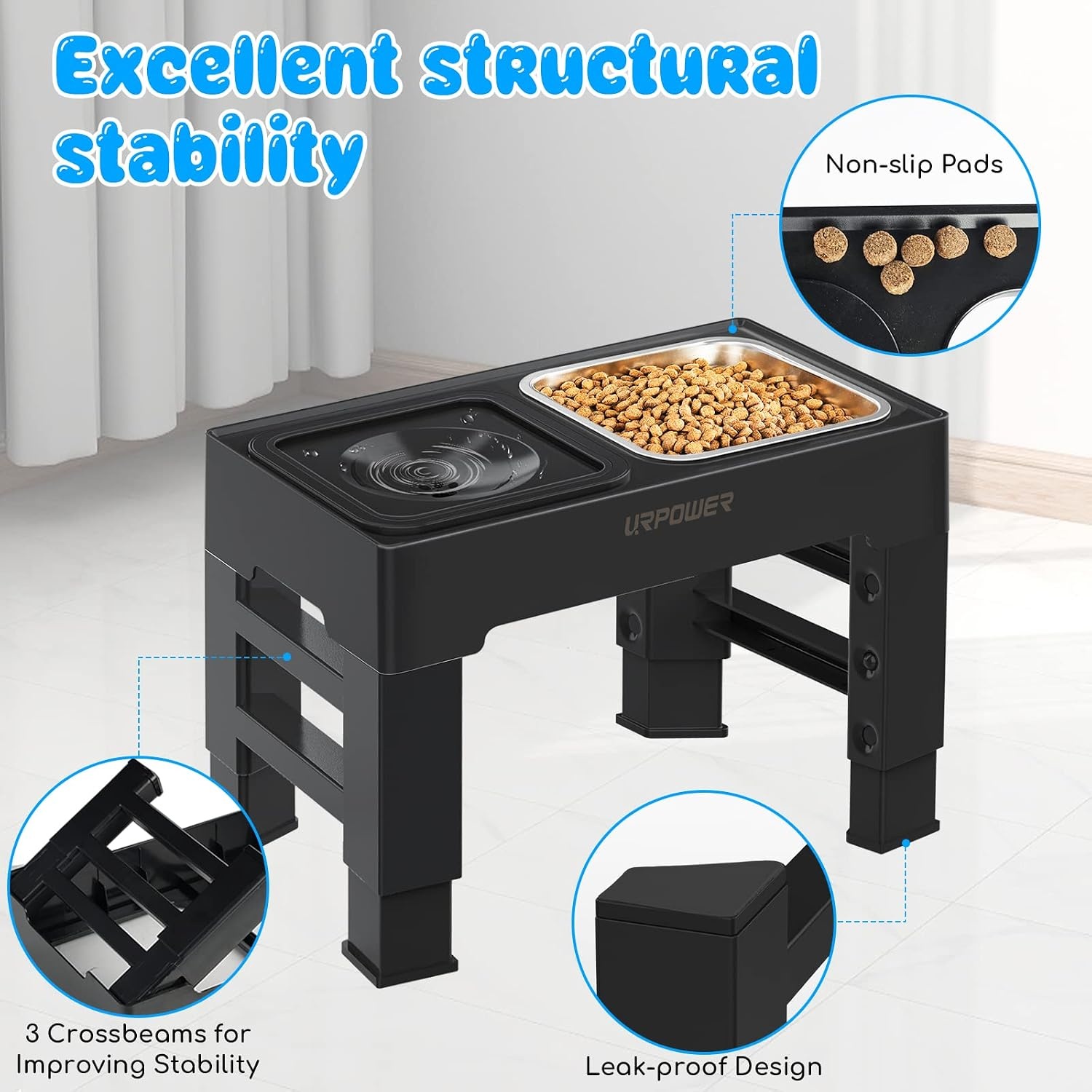 image:imageURPOWER 2in1 Elevated Slow Feeder Dog Bowls with NoSpill Water Bowl 4 HeightAdjustable Raised Dog Bowls NonSlip Food and Water Bowls with Stand for Small Medium Large Dogs Cats and PetsBlack