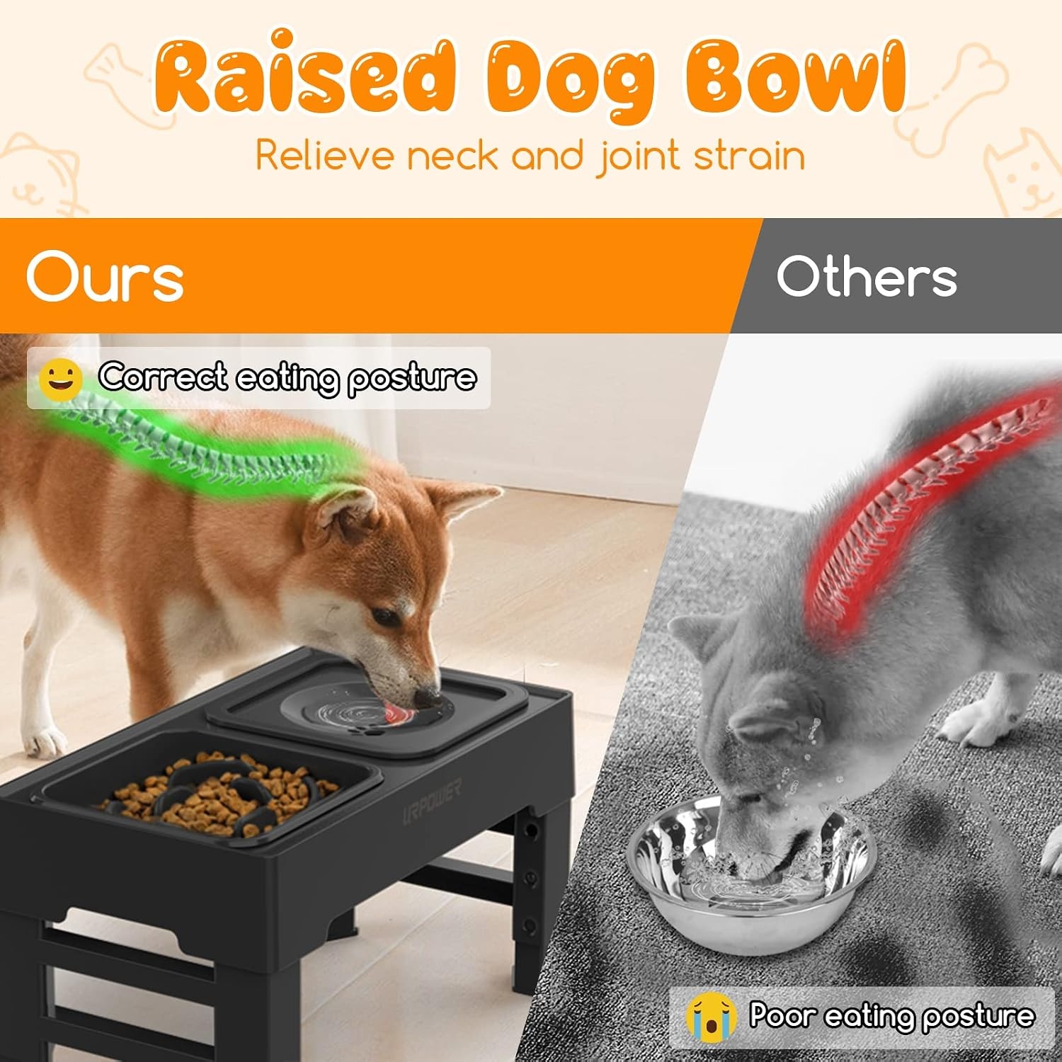 image:imageURPOWER 2in1 Elevated Slow Feeder Dog Bowls with NoSpill Water Bowl 4 HeightAdjustable Raised Dog Bowls NonSlip Food and Water Bowls with Stand for Small Medium Large Dogs Cats and PetsBlack
