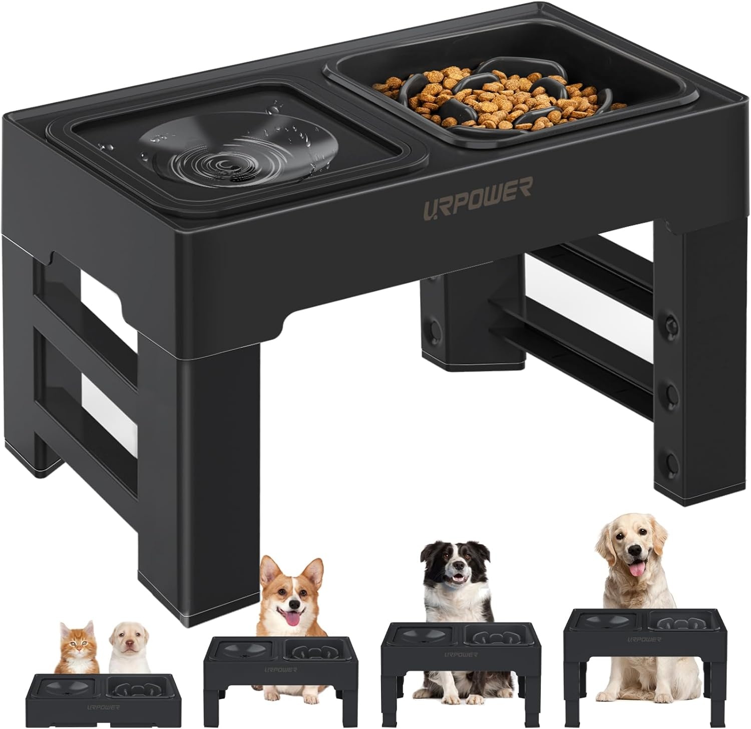 image:imageURPOWER 2in1 Elevated Slow Feeder Dog Bowls with NoSpill Water Bowl 4 HeightAdjustable Raised Dog Bowls NonSlip Food and Water Bowls with Stand for Small Medium Large Dogs Cats and PetsBlack