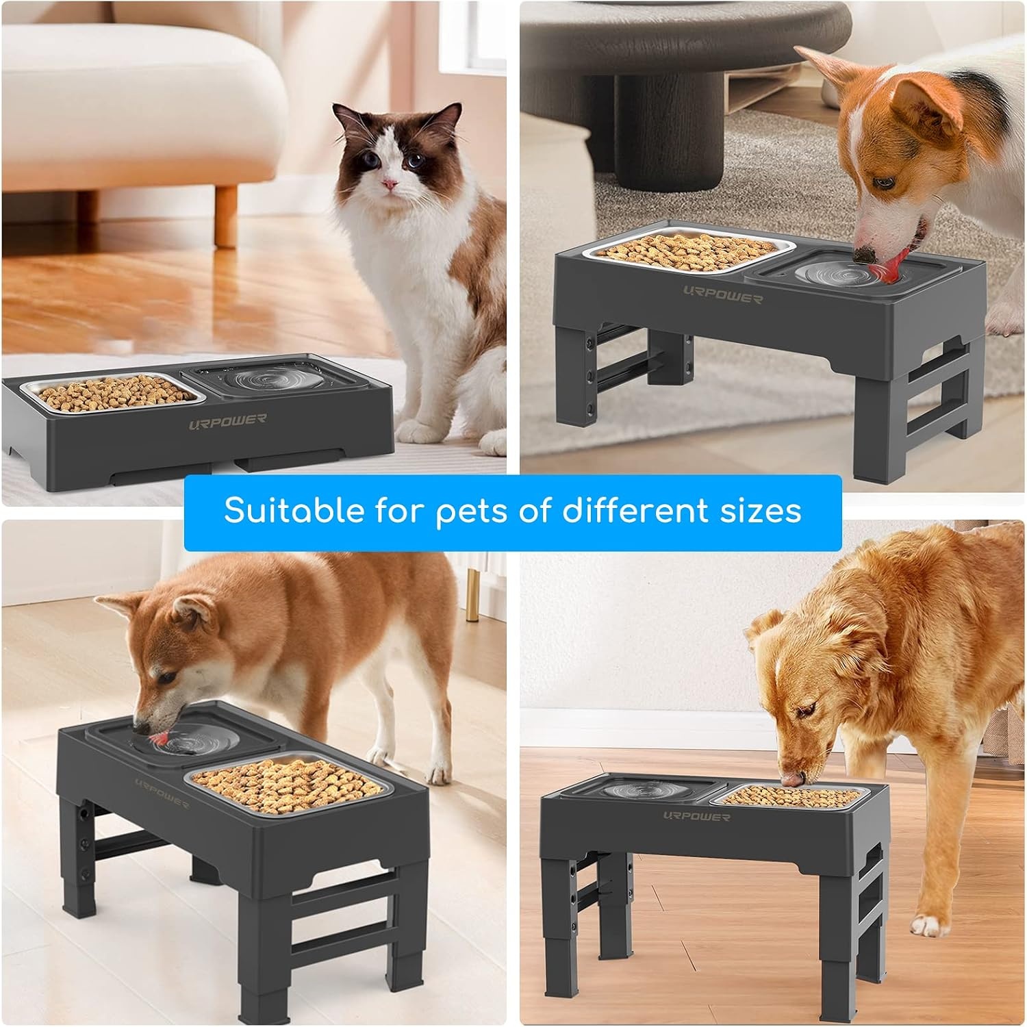 image:imageURPOWER 2in1 Elevated Slow Feeder Dog Bowls with NoSpill Water Bowl 4 HeightAdjustable Raised Dog Bowls NonSlip Food and Water Bowls with Stand for Small Medium Large Dogs Cats and PetsBlack