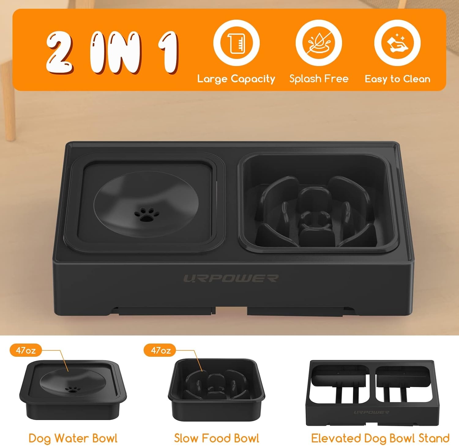 image:imageURPOWER 2in1 Elevated Slow Feeder Dog Bowls with NoSpill Water Bowl 4 HeightAdjustable Raised Dog Bowls NonSlip Food and Water Bowls with Stand for Small Medium Large Dogs Cats and PetsBlack