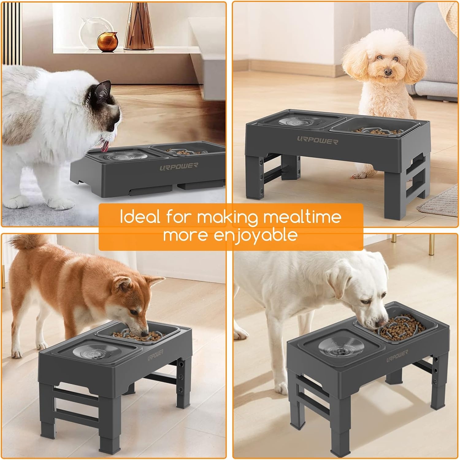 image:imageURPOWER 2in1 Elevated Slow Feeder Dog Bowls with NoSpill Water Bowl 4 HeightAdjustable Raised Dog Bowls NonSlip Food and Water Bowls with Stand for Small Medium Large Dogs Cats and PetsGrey