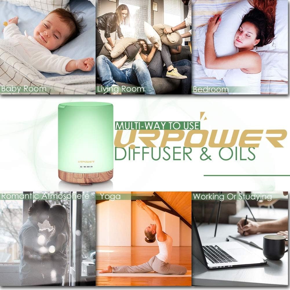 image:imageURPOWER 300ml Essential Oil Diffuser Ultrasonic Air Humidifier AUTO Shut Off Aromatherapy Scent Diffuser Night Light 7 Color Changing LED Lights and 4 Timer Settings for Home Office YogaLight Wood Grain