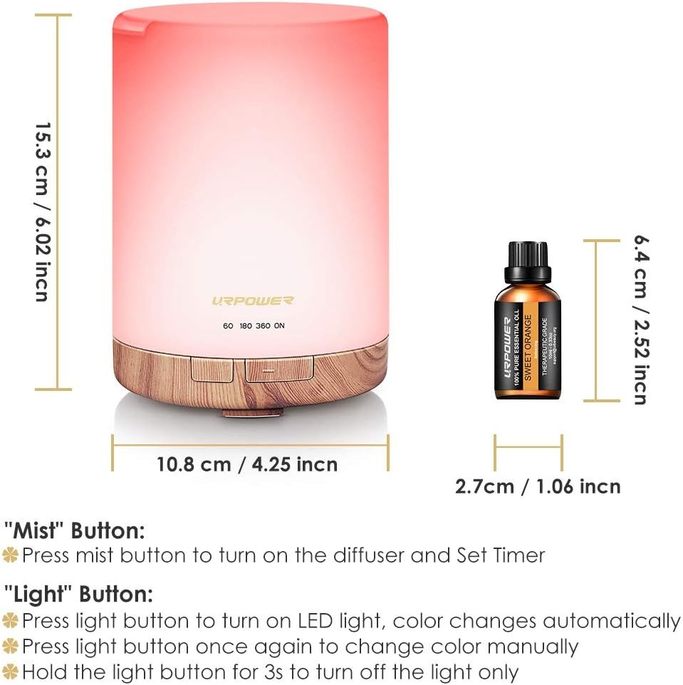 image:imageURPOWER 300ml Essential Oil Diffuser Ultrasonic Air Humidifier AUTO Shut Off Aromatherapy Scent Diffuser Night Light 7 Color Changing LED Lights and 4 Timer Settings for Home Office YogaLight Wood Grain