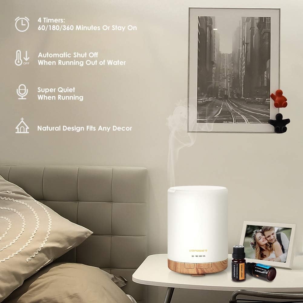 image:imageURPOWER 300ml Essential Oil Diffuser Ultrasonic Air Humidifier AUTO Shut Off Aromatherapy Scent Diffuser Night Light 7 Color Changing LED Lights and 4 Timer Settings for Home Office YogaLight Wood Grain
