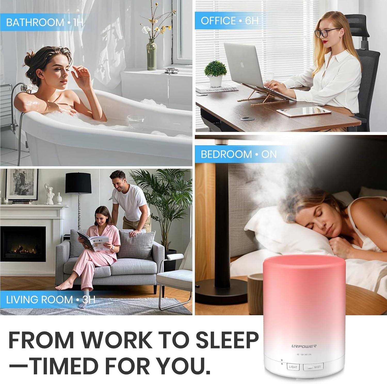 image:imageURPOWER 300ml Essential Oil Diffuser Ultrasonic Air Humidifier AUTO Shut Off Aromatherapy Scent Diffuser Night Light 7 Color Changing LED Lights and 4 Timer Settings for Home Office YogaAwhite