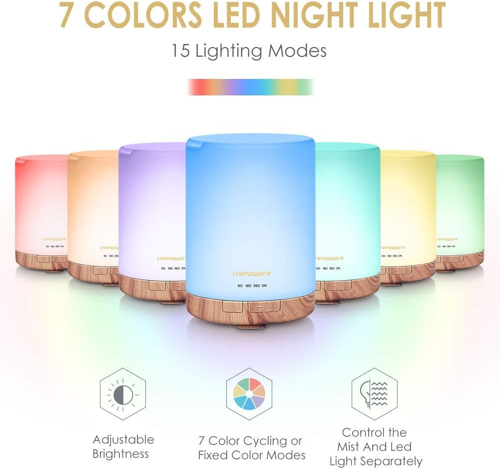 image:imageURPOWER 300ml Essential Oil Diffuser Ultrasonic Air Humidifier AUTO Shut Off Aromatherapy Scent Diffuser Night Light 7 Color Changing LED Lights and 4 Timer Settings for Home Office YogaLight Wood Grain