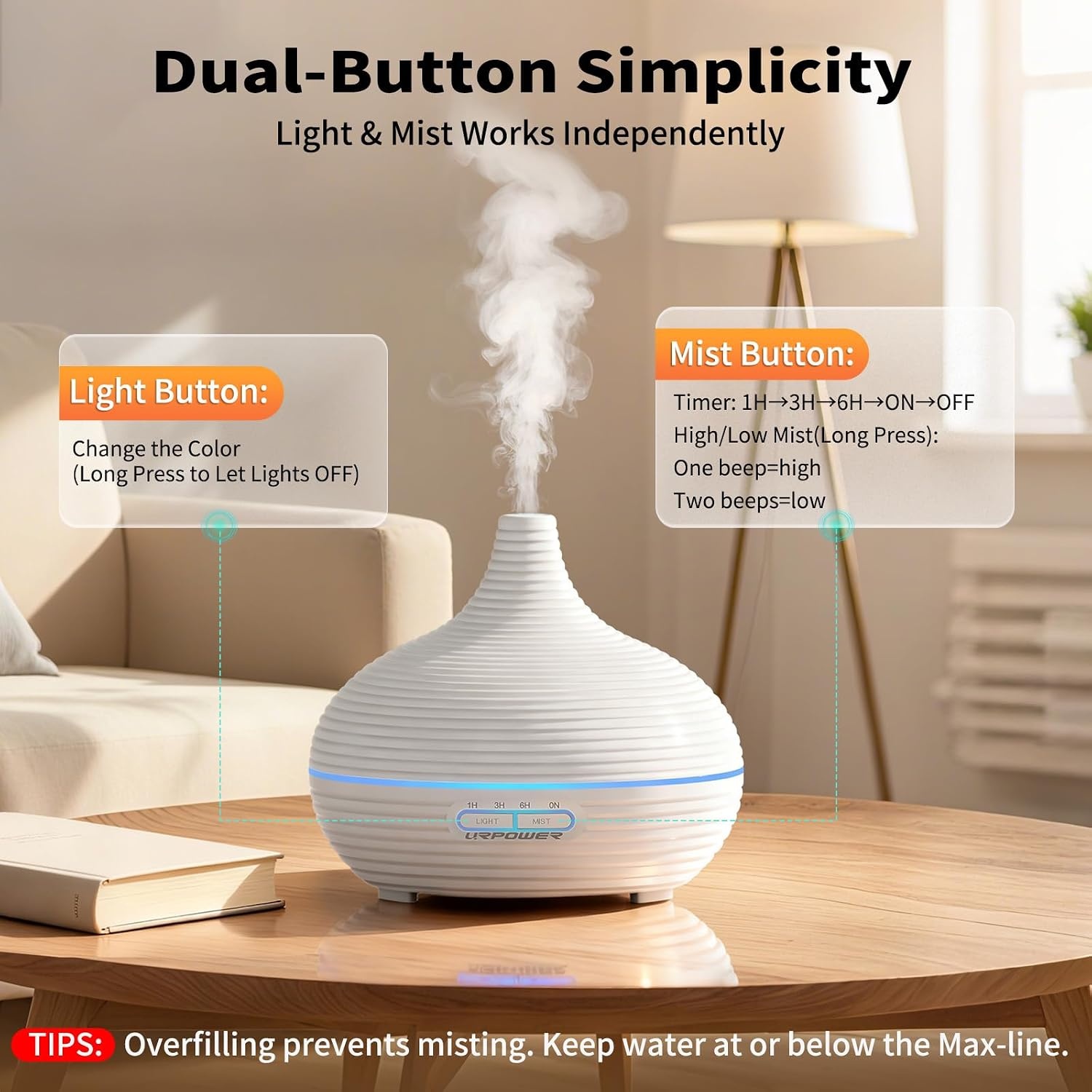 image:imageURPOWER 300ml Sleep Diffuser for Bedroom AllNight Essential Oil Diffuser Quiet Ultrasonic Cool Mist AutoOff amp Timer 7 LED Color Diffusers Humidifier for Home Office amp Large Rooms