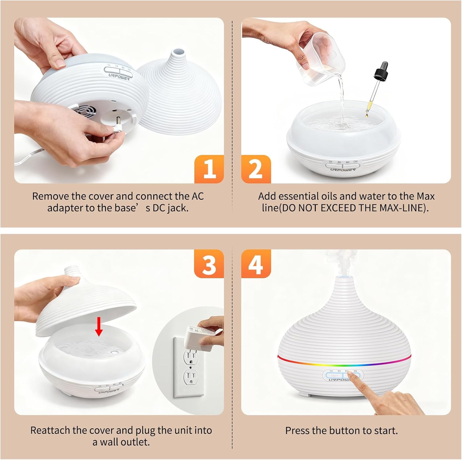 image:imageURPOWER 300ml Sleep Diffuser for Bedroom AllNight Essential Oil Diffuser Quiet Ultrasonic Cool Mist AutoOff amp Timer 7 LED Color Diffusers Humidifier for Home Office amp Large Rooms