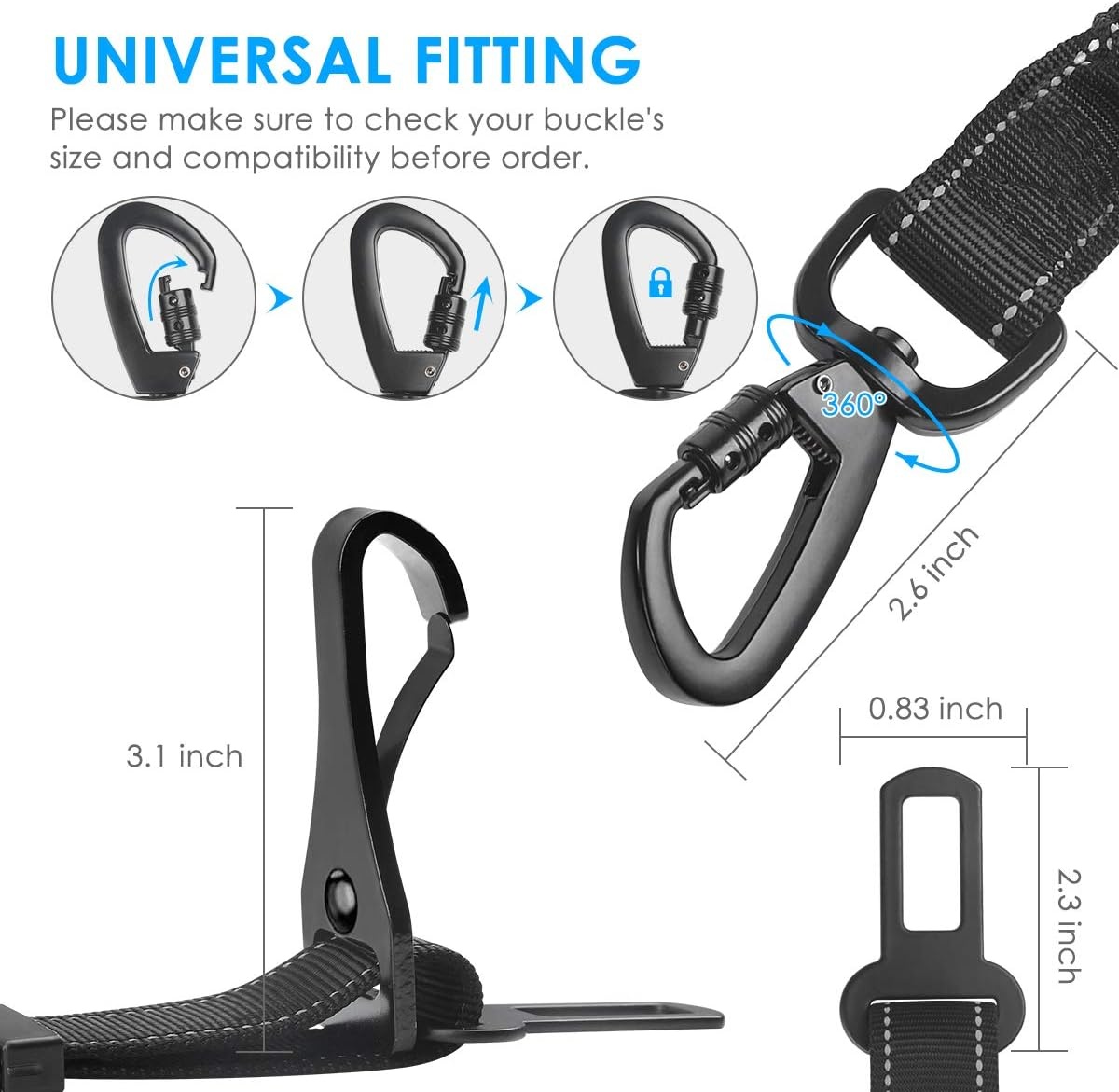 image:imageURPOWER 3in1 Dog Seat Belt for Car 2 Pack Adjustable Bungee Dog Car Harness with Seatbelt Buckle amp Latch Hook Reflective amp 360 Swivel Heavy Duty Pet Safety Belts for Dogs and CatsBlack