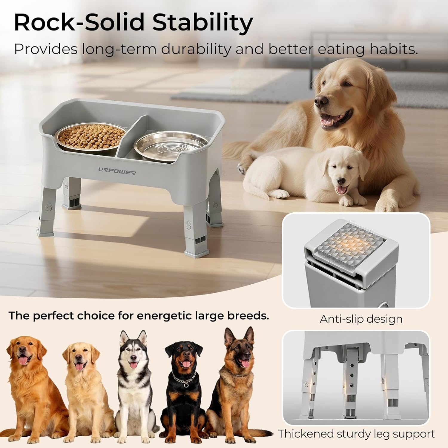 image:imageURPOWER 3in1 Elevated Dog Bowls Mess Proof Double Deck 4 Height Adjustable Raised Stand with 2 Stainless Steel Food Bowls amp Licking Plate for Small Medium amp Large DogsLight Grey