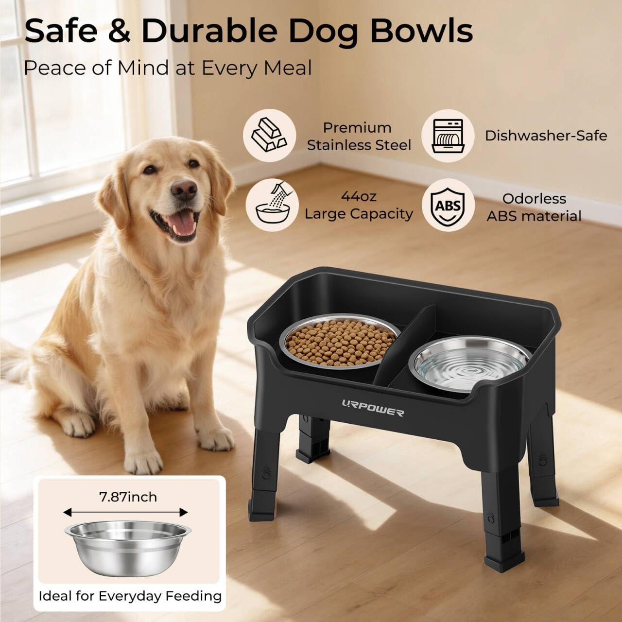 image:imageURPOWER 3in1 Elevated Dog Bowls Mess Proof Double Deck 4 Height Adjustable Raised Stand with 2 Stainless Steel Food Bowls amp Licking Plate for Small Medium amp Large DogsBlack
