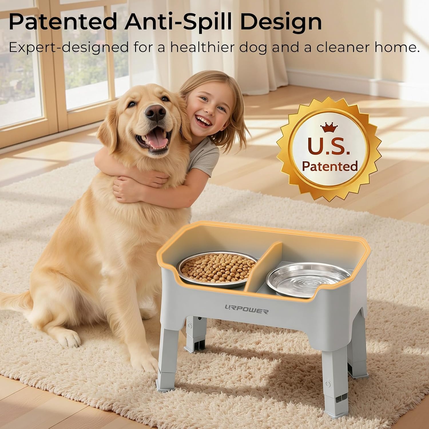 image:imageURPOWER 3in1 Elevated Dog Bowls Mess Proof Double Deck 4 Height Adjustable Raised Stand with 2 Stainless Steel Food Bowls amp Licking Plate for Small Medium amp Large DogsLight Grey