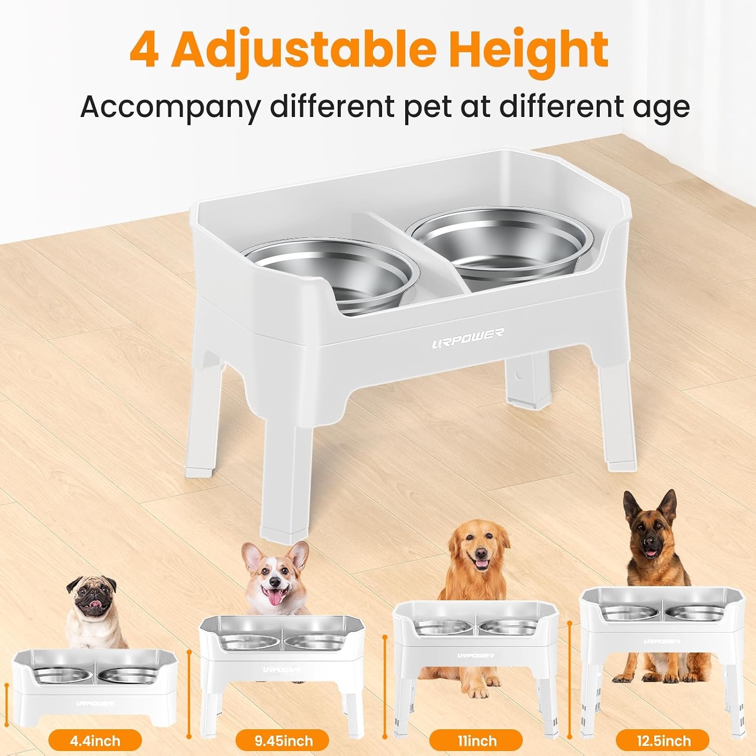 image:imageURPOWER 3in1 Elevated Dog Bowls Mess Proof Double Deck 4 Height Adjustable Raised Stand with 2 Stainless Steel Food Bowls amp Licking Plate for Small Medium amp Large DogsLight Grey