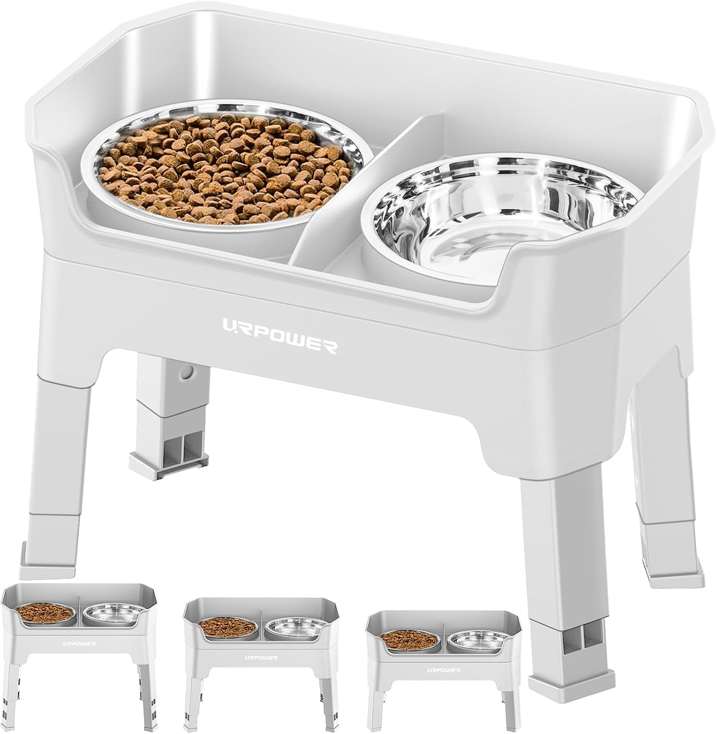 image:imageURPOWER 3in1 Elevated Dog Bowls Mess Proof Double Deck 4 Height Adjustable Raised Stand with 2 Stainless Steel Food Bowls amp Licking Plate for Small Medium amp Large DogsLight Grey