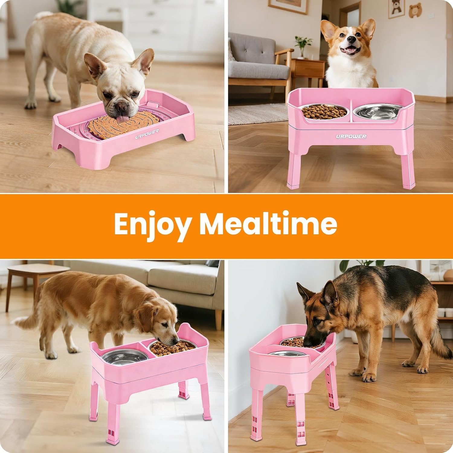 image:imageURPOWER 3in1 Elevated Dog Bowls Mess Proof Double Deck 4 Height Adjustable Raised Stand with 2 Stainless Steel Food Bowls amp Licking Plate for Small Medium amp Large DogsPink