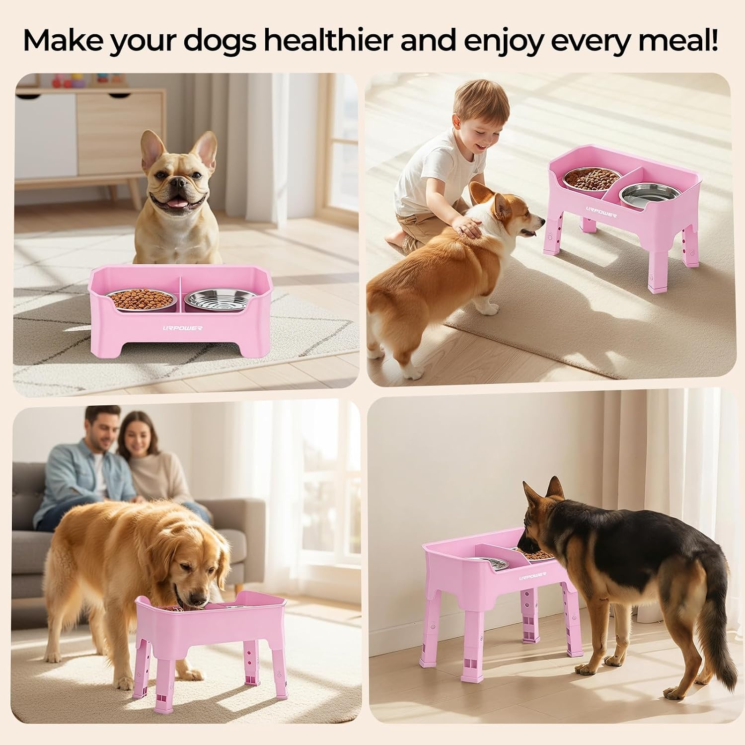 image:imageURPOWER 3in1 Elevated Dog Bowls Mess Proof Double Deck 4 Height Adjustable Raised Stand with 2 Stainless Steel Food Bowls amp Licking Plate for Small Medium amp Large DogsPink