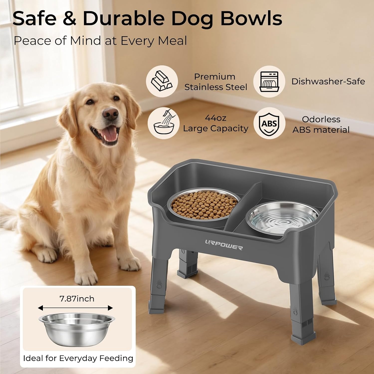 image:imageURPOWER 3in1 Elevated Dog Bowls Mess Proof Double Deck 4 Height Adjustable Raised Stand with 2 Stainless Steel Food Bowls amp Licking Plate for Small Medium amp Large DogsGrey